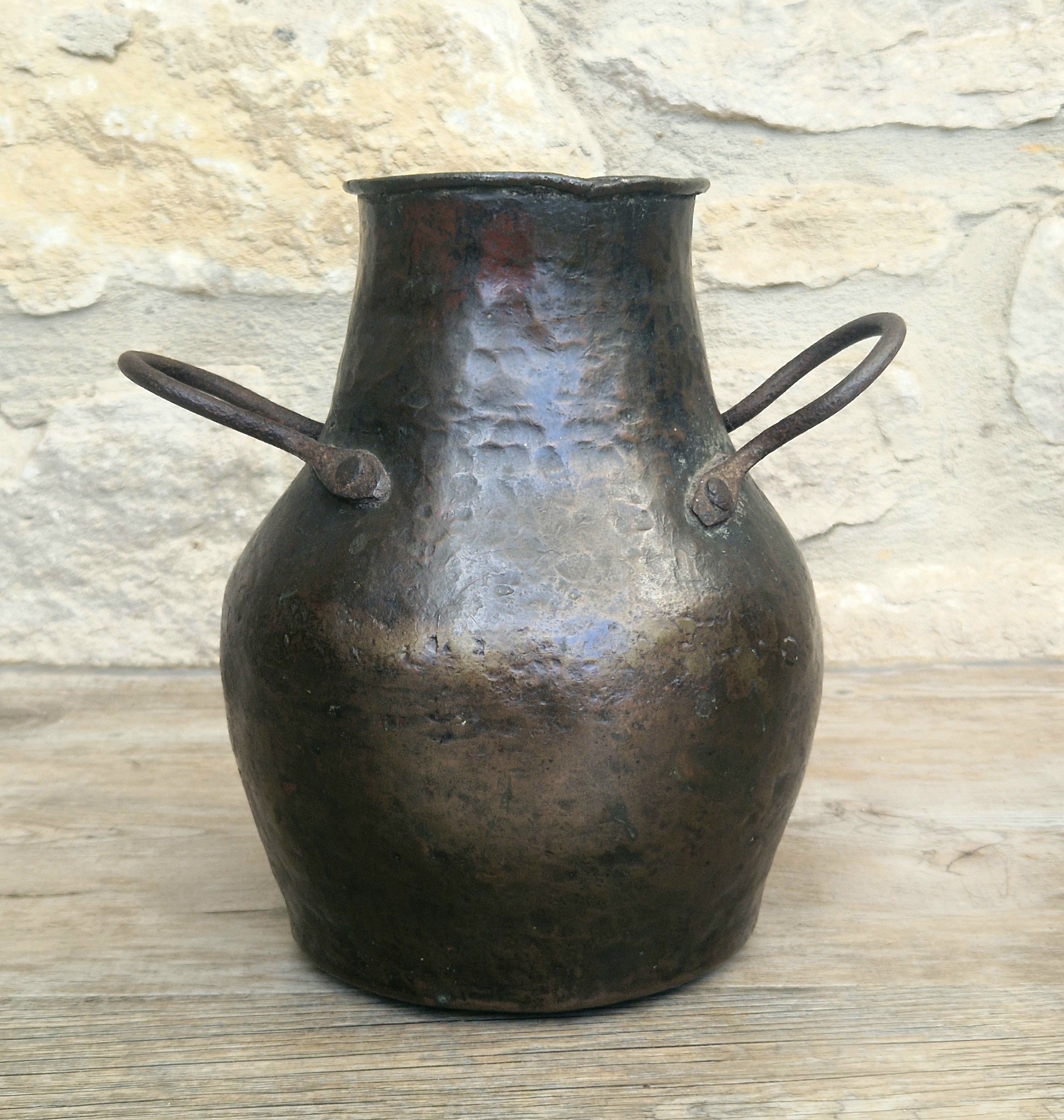 18th Century Hammered Bronze Cauldron Pot Wrought Iron Handles Historic Repair Antique Kitchenalia Vessel