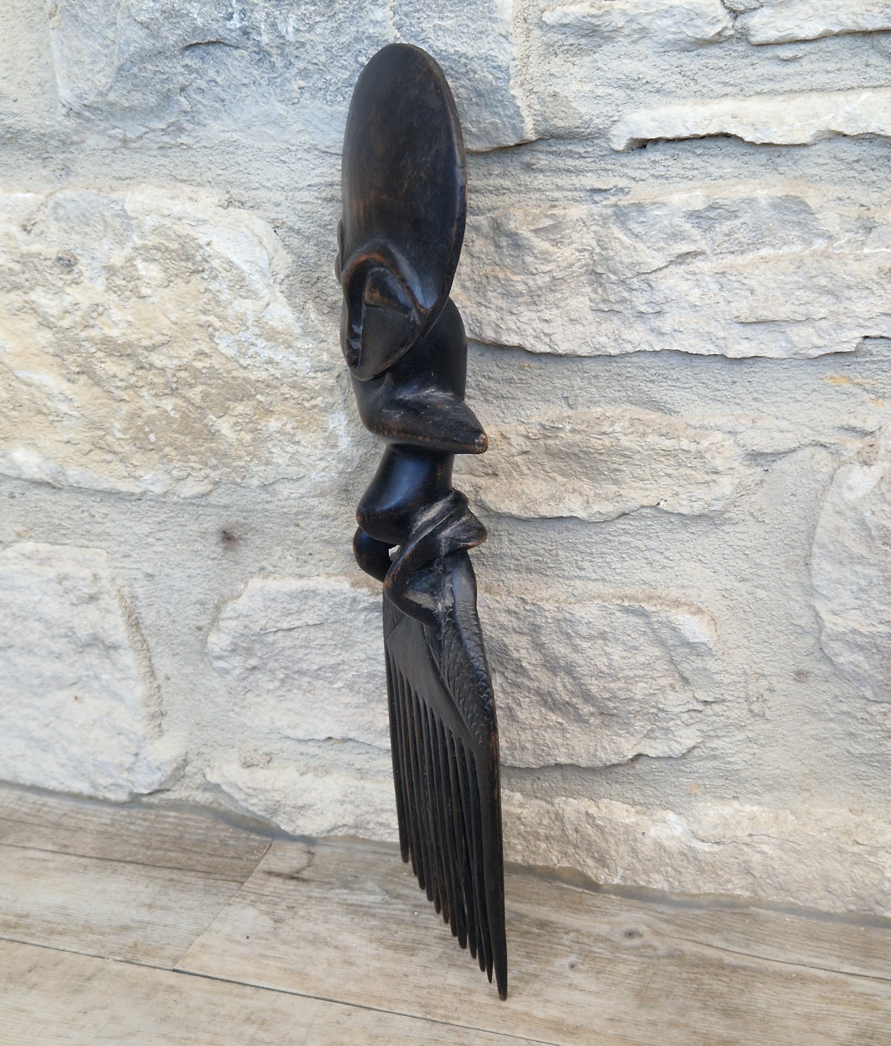Vintage 31cm Ashanti Wooden Comb Duafe Hand Carved African Tribal Art Ghana Akuaba Doll