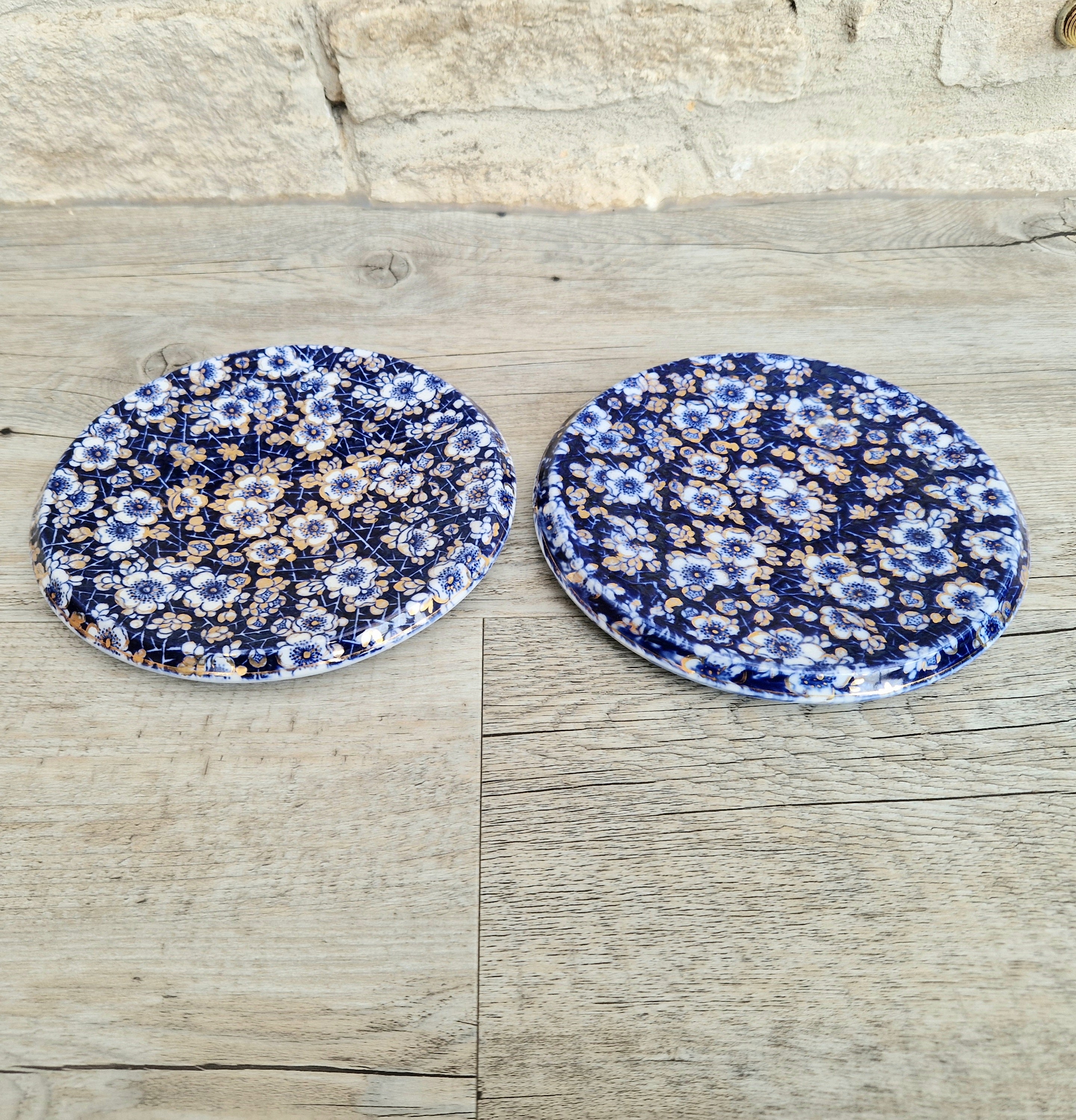 Pair of Rare Antique Trivets Gilt Blue & White Hawthorn Pattern Round Stoneware Trivets 17cm