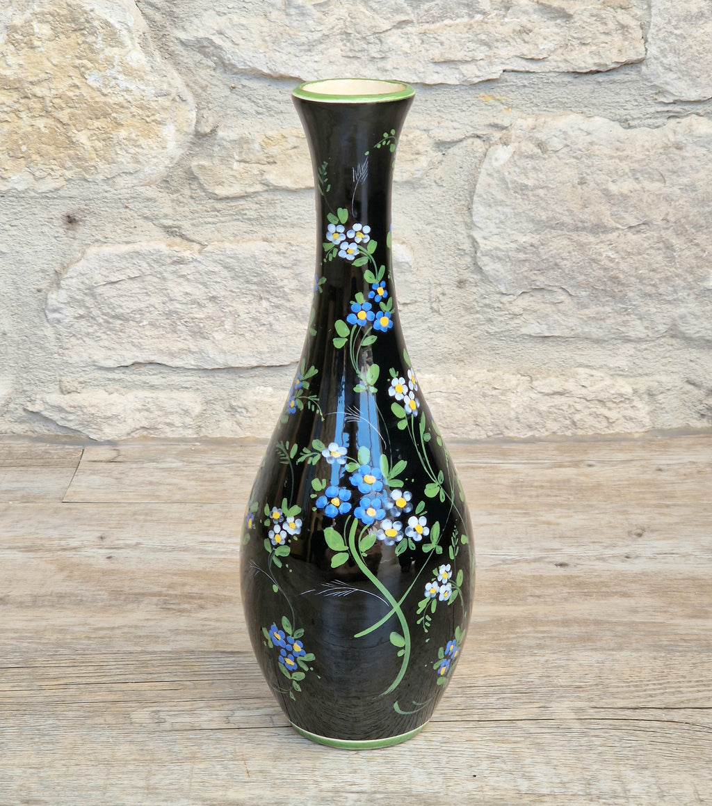 Marmaca San Marino Vase Art Ceramic Black Floral Amphora Tall Bottle Vase 1950's