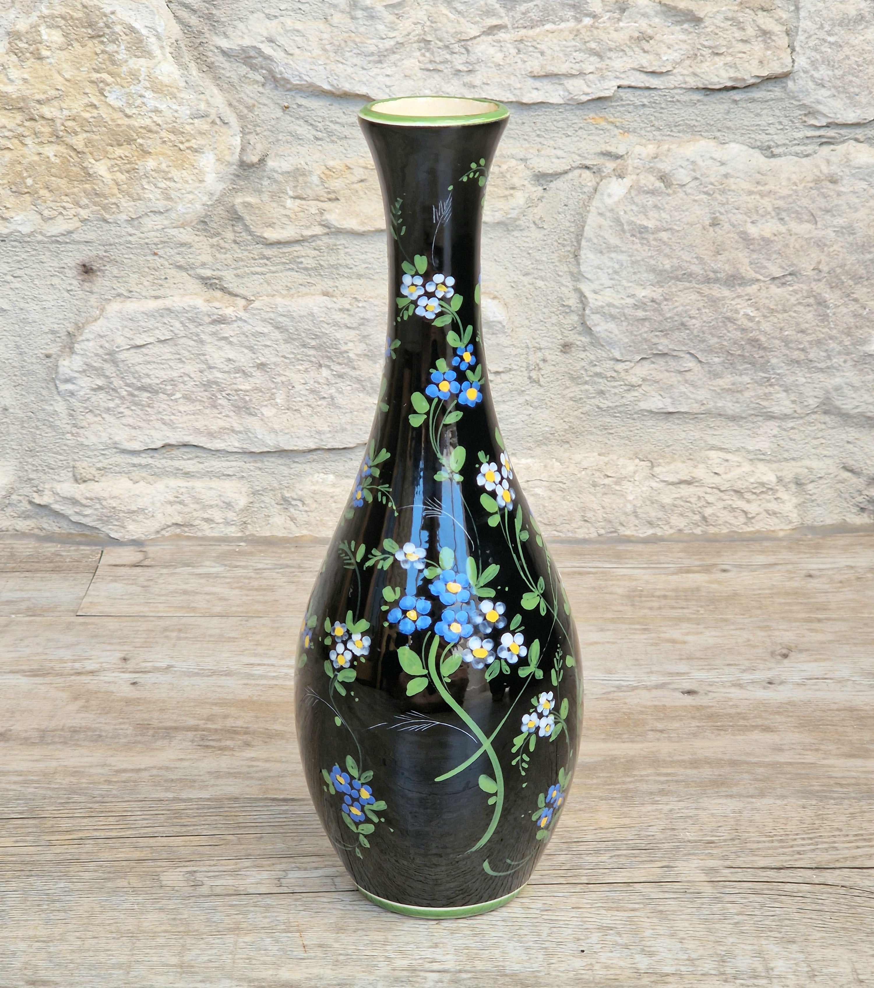 Marmaca San Marino Vase Art Ceramic Black Floral Amphora Tall Bottle Vase 1950's