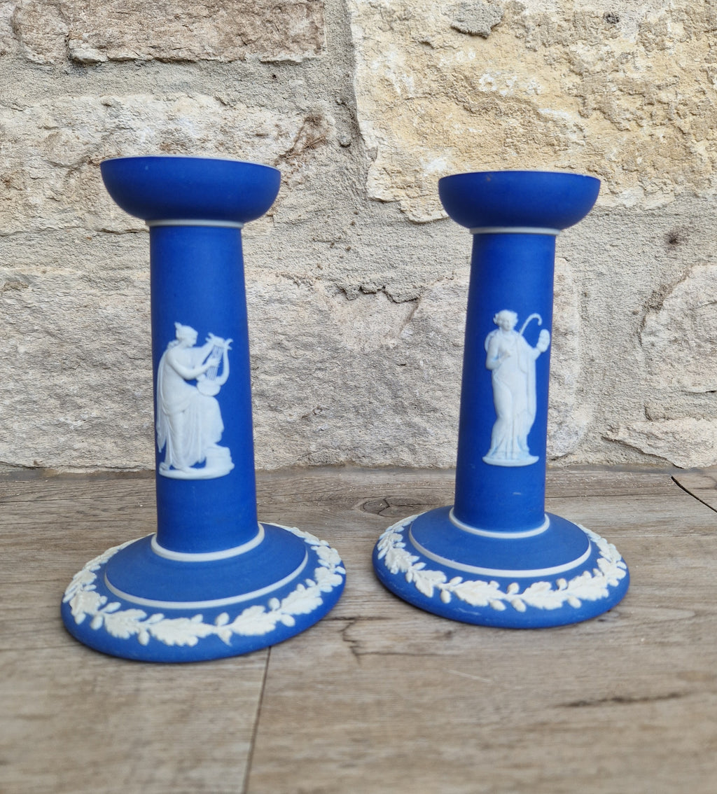 Vintage Wedgwood Jasperware Candlestick Pair: Dark Blue Taper Candle Holders