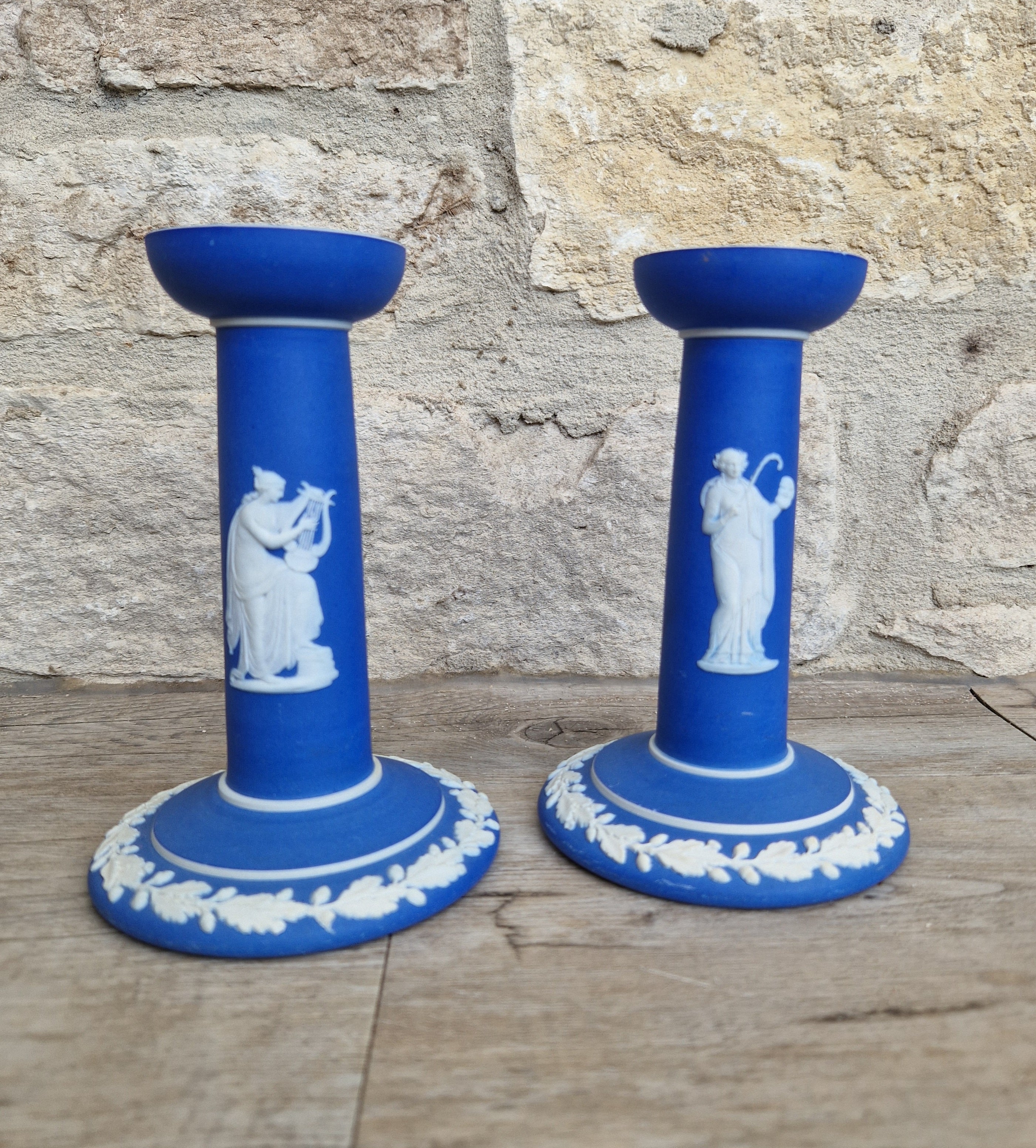 Vintage Wedgwood Jasperware Candlestick Pair: Dark Blue Taper Candle Holders