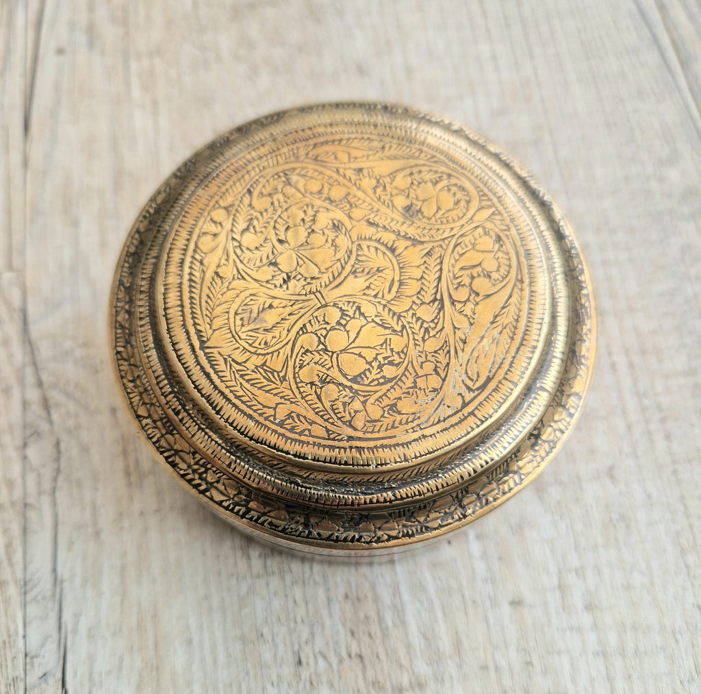 Antique 19th Century Deccan Indian Floral Engraved Pandan Brass Betel Nut Box