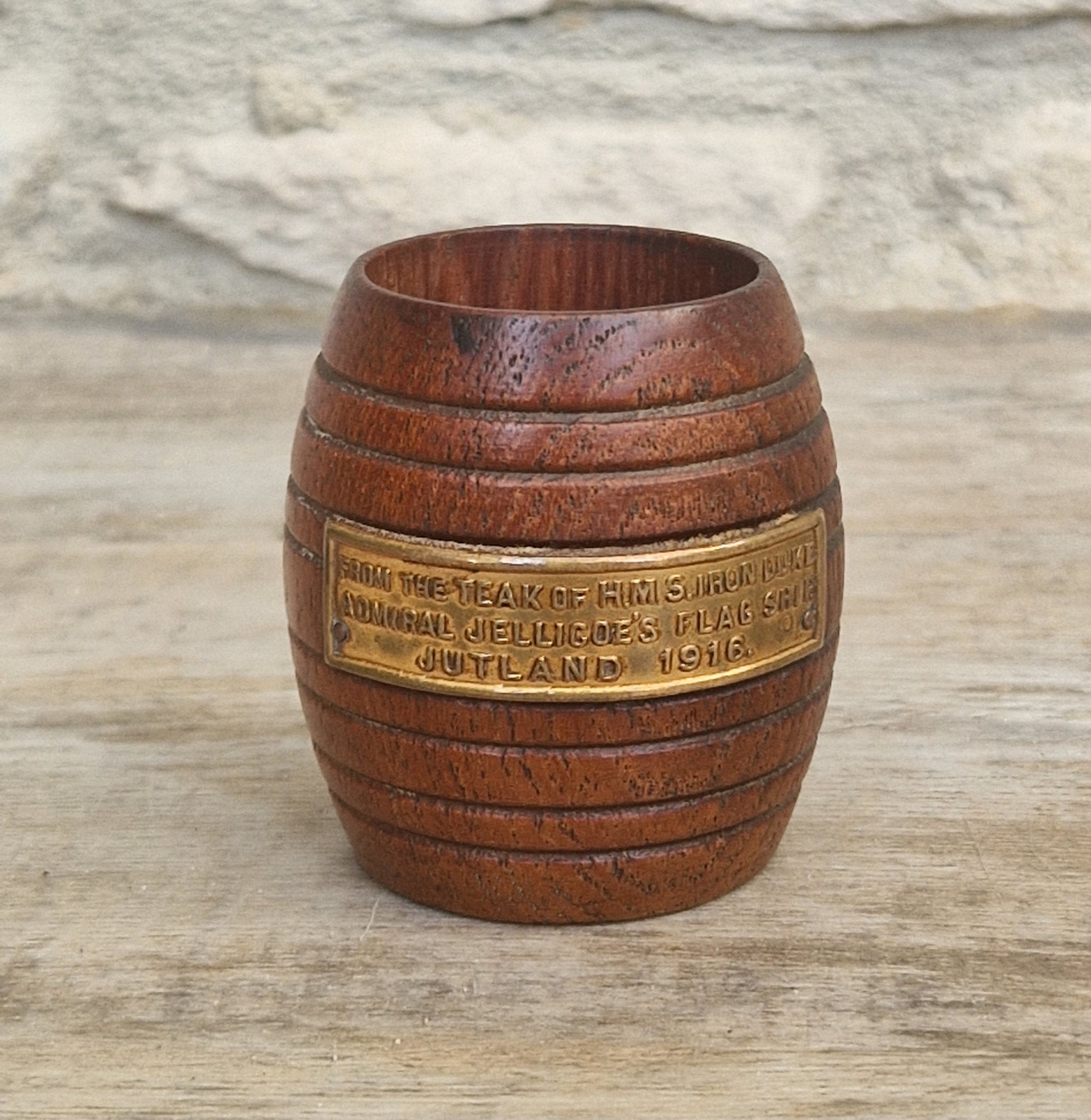 HMS Iron Duke Teak Barrel WWI Battle of Jutland Maritime Relic Admiral Jellicoe Flagship Souvenir Treen Match Holder Vesta