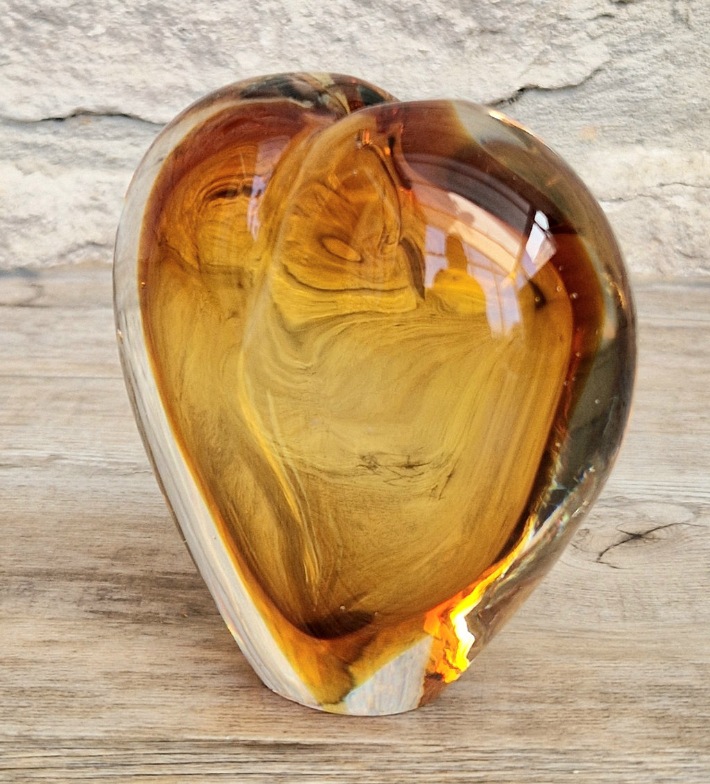 Vintage Mid Century Murano Sommerso Amber Art Glass Heart Vase Paperweight Seguso Sculptural Decor