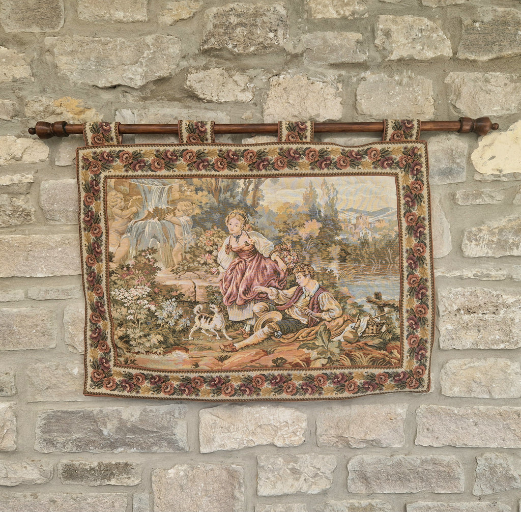 Vintage French Jaquard Pastoral Tapestry Wall Hanging Mounted on Oak Finialled Pole Linned & Finished in England 86cm x 62cm