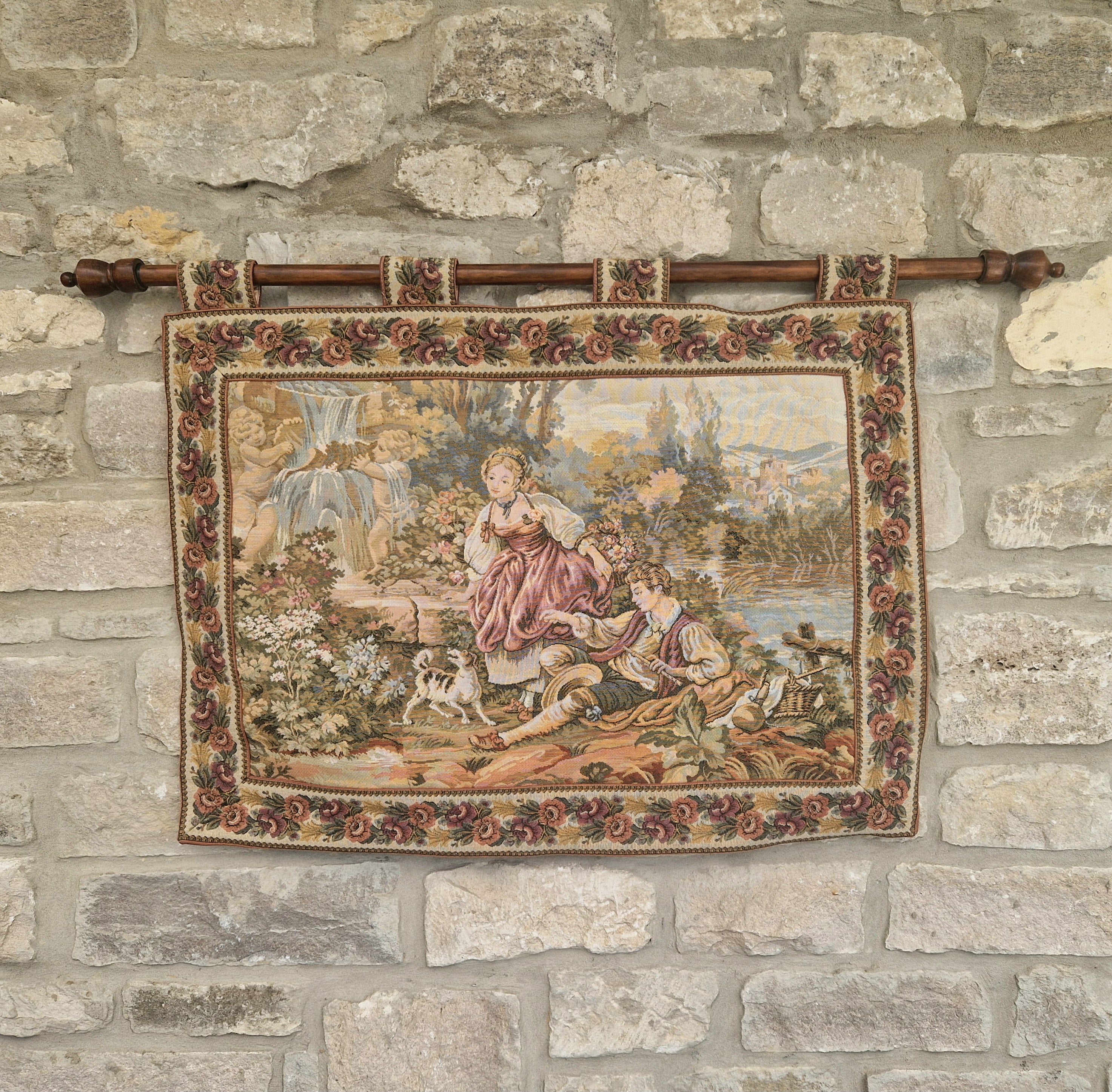 Vintage French Jaquard Pastoral Tapestry Wall Hanging Mounted on Oak Finialled Pole Linned & Finished in England 86cm x 62cm