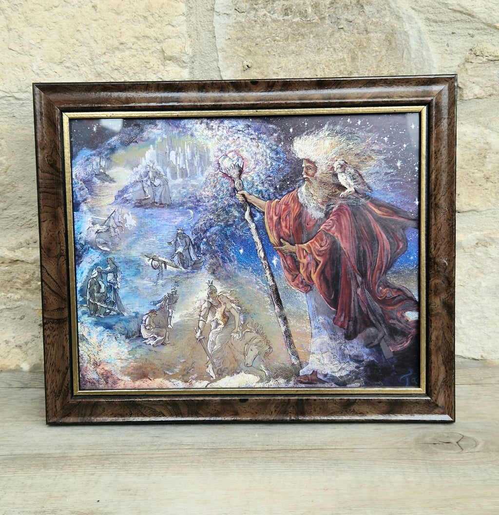 Vintage 1990s Foil Art Print Titled "Merlin's Quest" by Artist Josephine Wall Framed