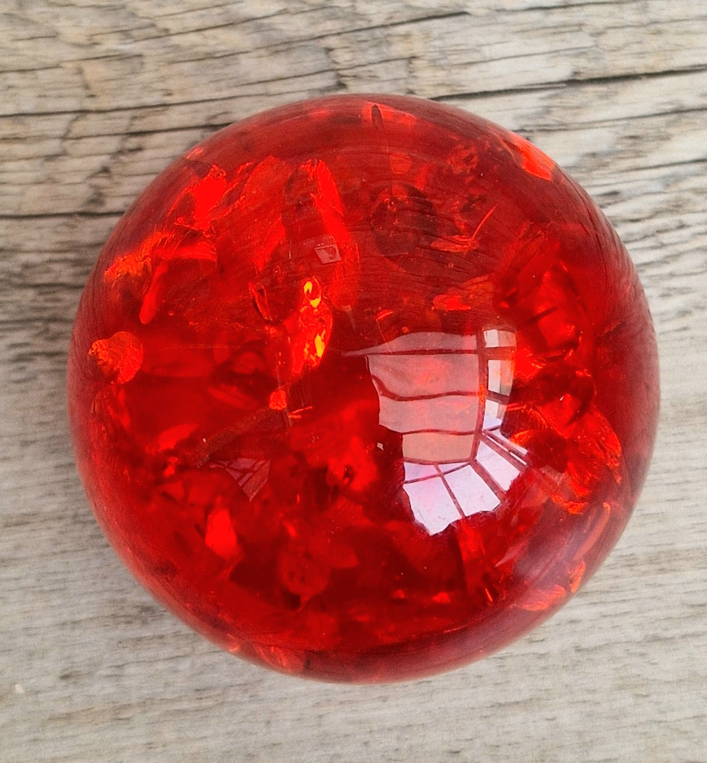 Vintage 1960s Shattaline Resin Orb Paperweight Bright Red Fractured Ice Mid Century Desk Ornament