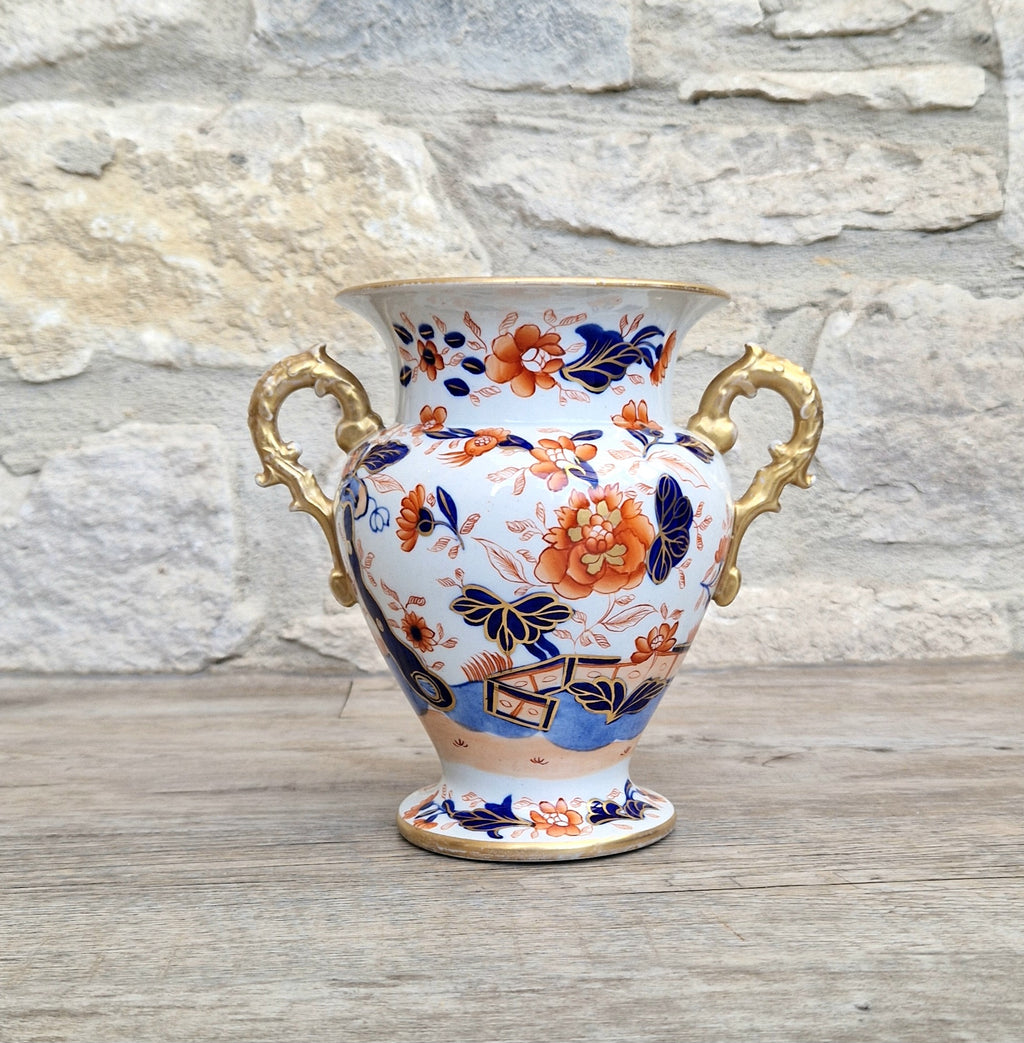 Early Mason's Ironstone China Vase Japan Fence Pattern, Gilt Handles 1820