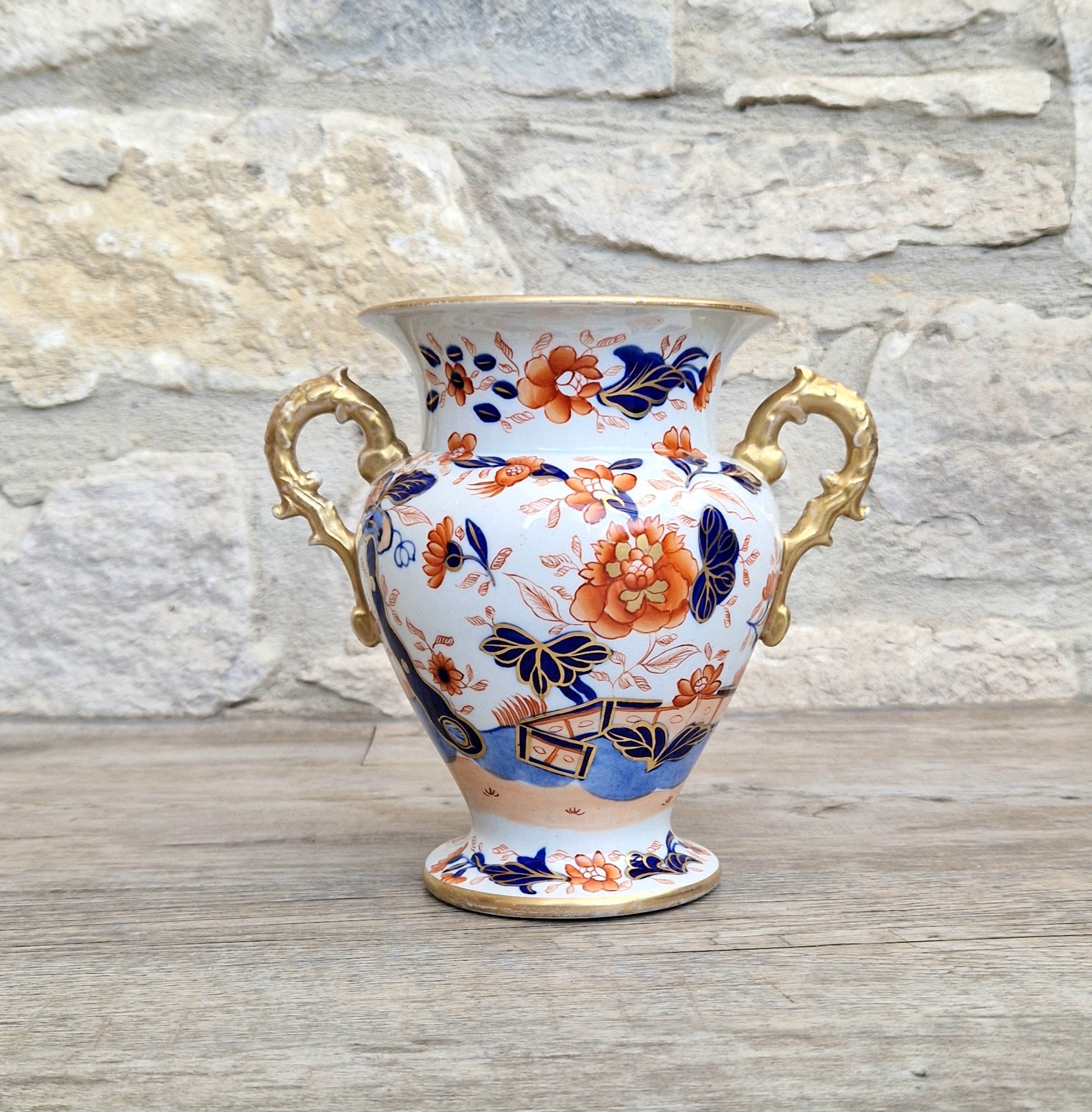 Early Mason's Ironstone China Vase Japan Fence Pattern, Gilt Handles 1820