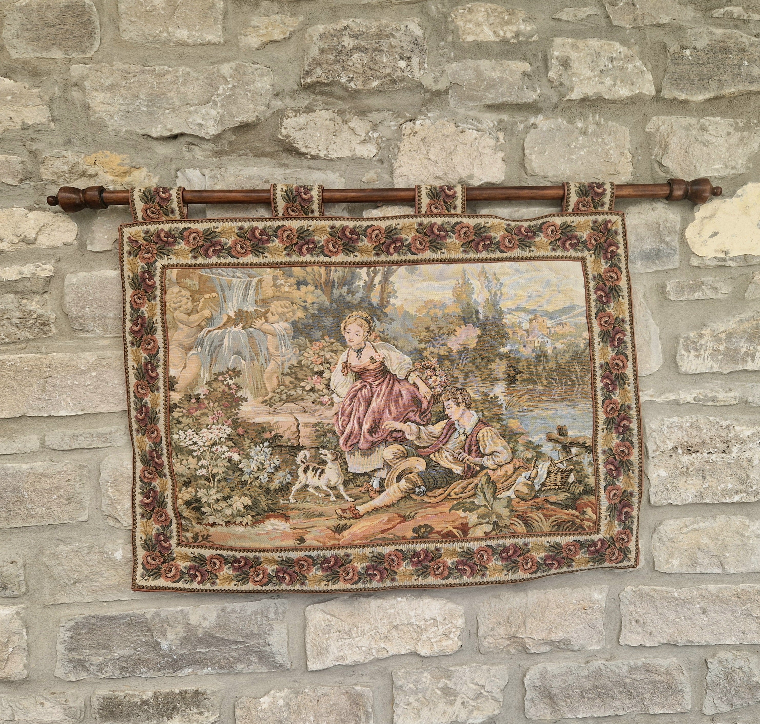 Vintage French Jaquard Pastoral Tapestry Wall Hanging Mounted on Oak Finialled Pole Linned & Finished in England 86cm x 62cm