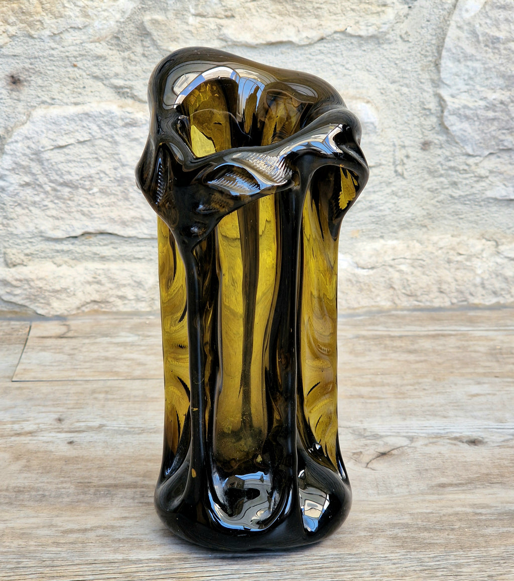 Vintage 1970s Polish Wołomin Hand Blown Smoked Amber Art Glass Pulled Freeform Ribbed Vase Rare Piece