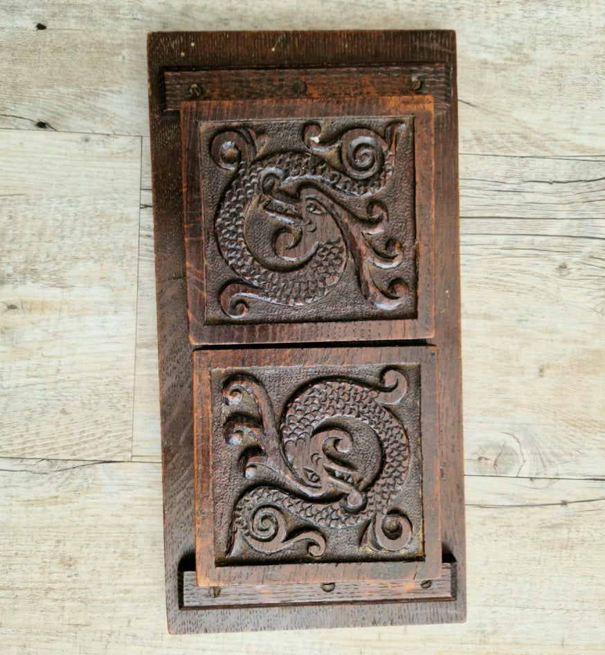 Antique Oak Dragon Foot Stool Carved Celtic Design, Rustic Foldable Furniture