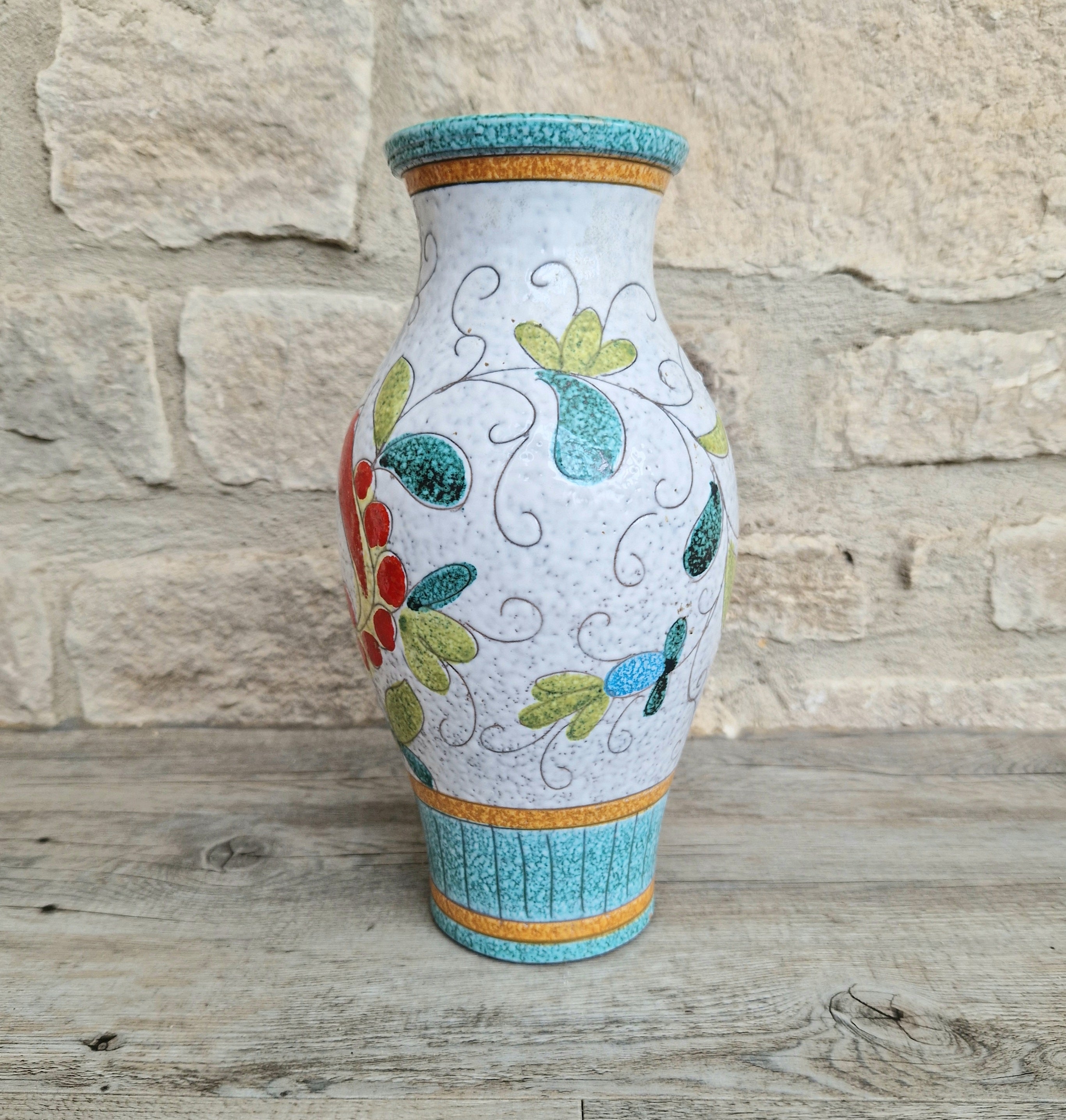 Vintage Large Italian Ceramic Floral Majolica Vase Sgraffito Technique Fratelli Fanciullacci 26cm Tall
