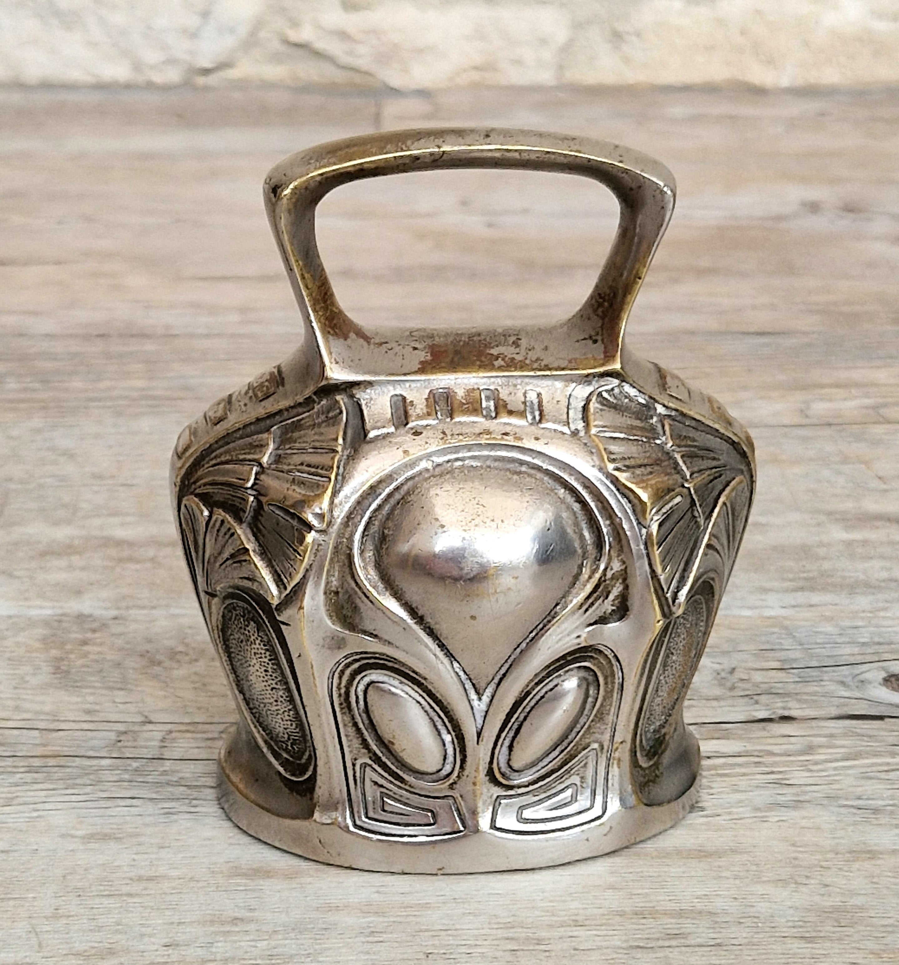 Antique Art Nouveau Silvered Bronze Large Ornate Decorated Table Bell