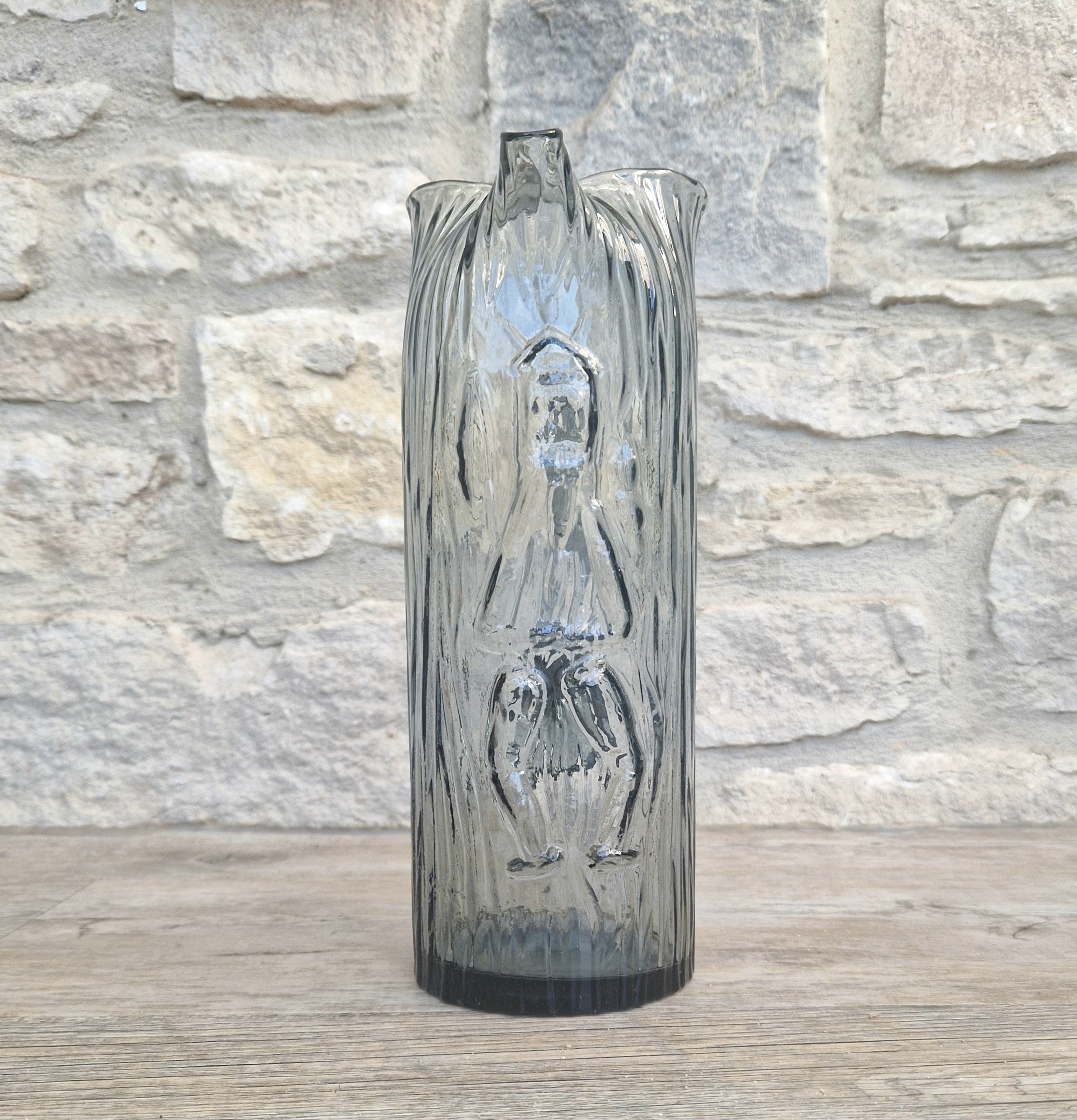 Björkshult Glassworks Sweden Hand Blown Mid Century Textured Smoke Glass 'Viking Pitcher Large