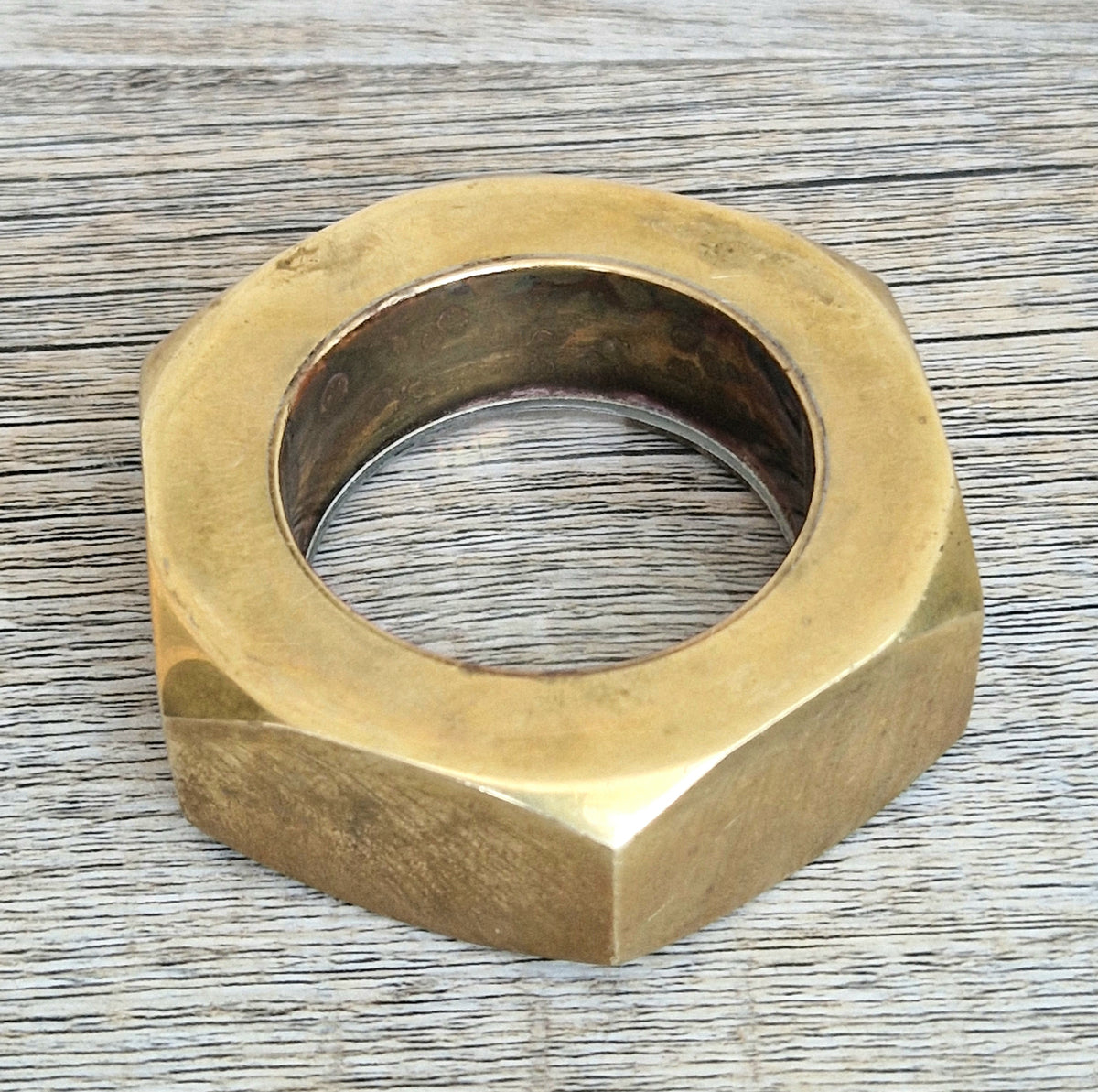 Carl Auböck Brass Hexagon Nut Magnifier Paperweight, Vintage Austria Werkstätte 1950s Desk Accessory, Model 5071 Authentic