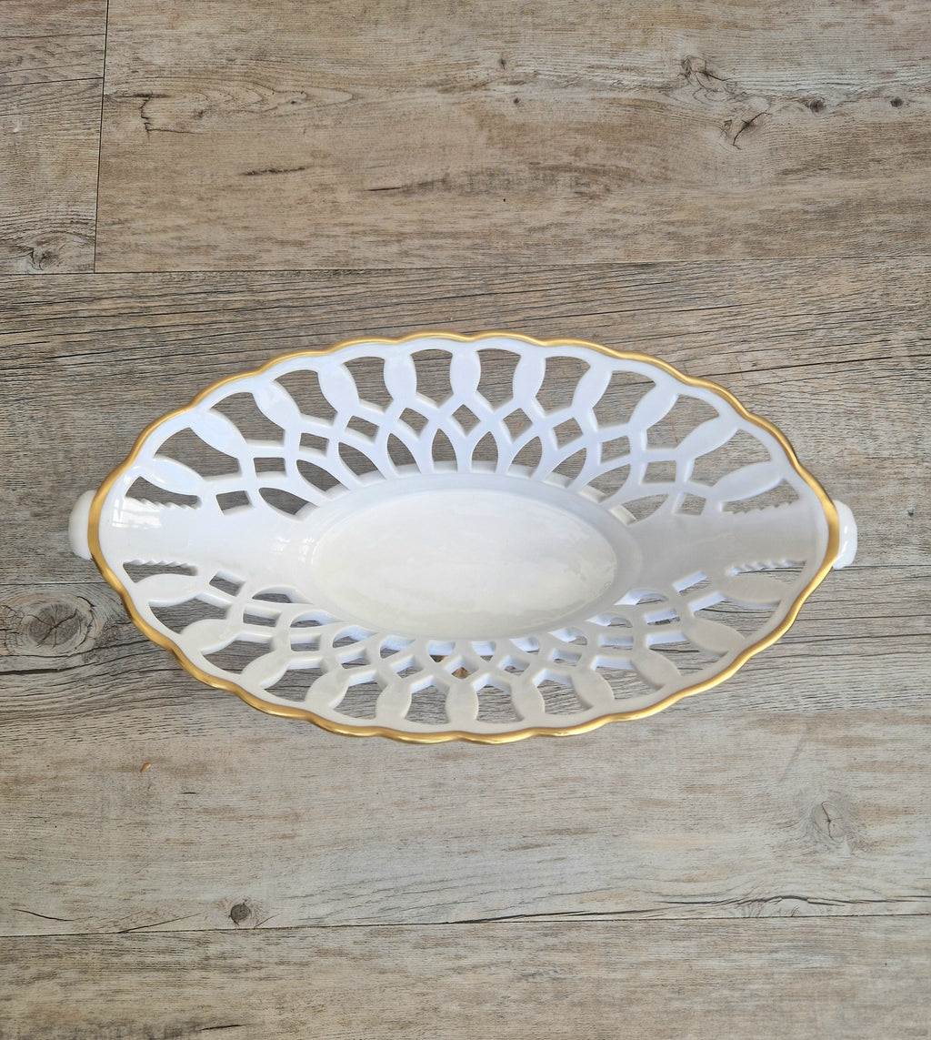 Large Vista Alegre Reticulated White & Gold Ceramic Basket Fruit Bowl Old Paris Style