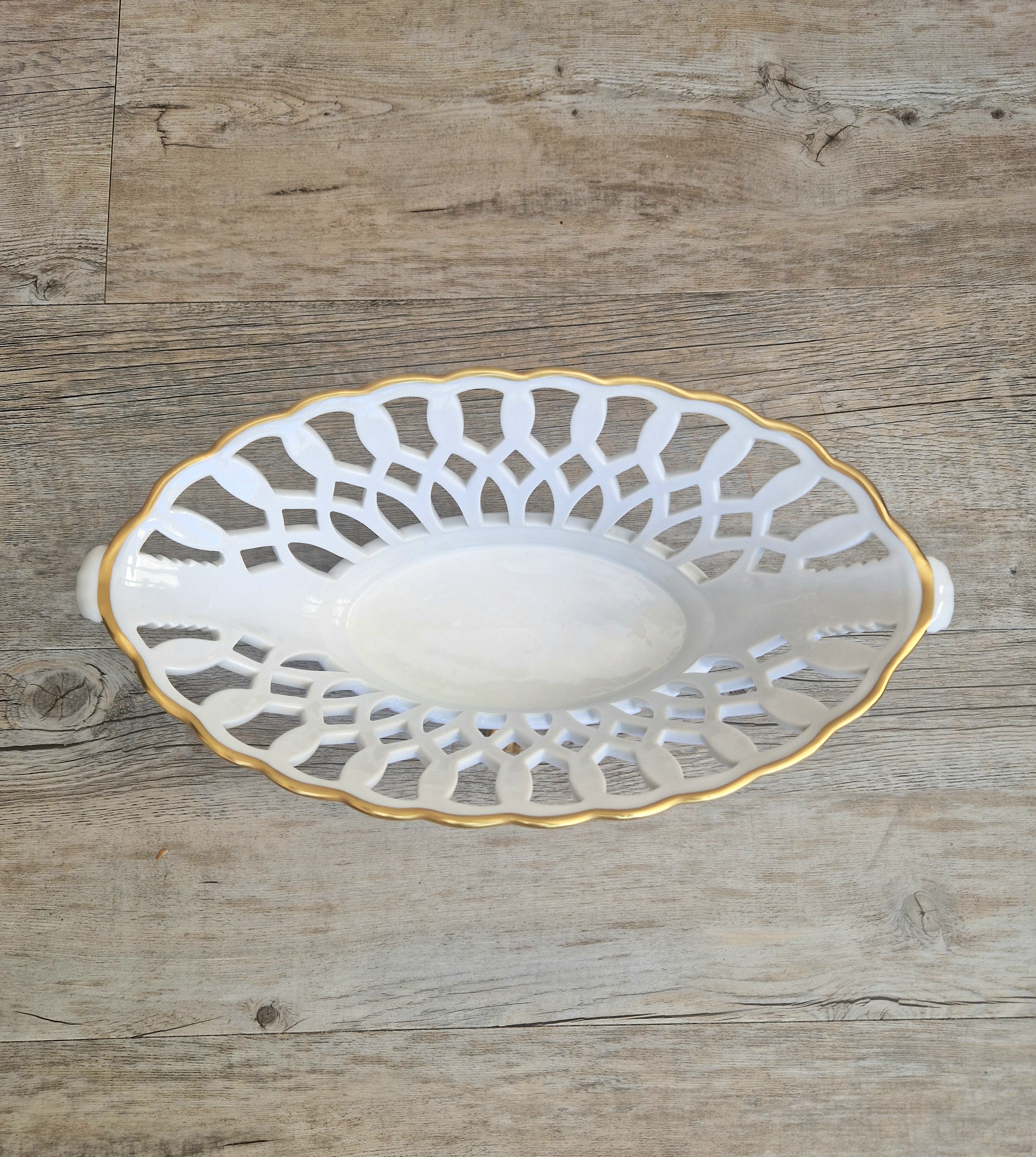 Large Vista Alegre Reticulated White & Gold Ceramic Basket Fruit Bowl Old Paris Style