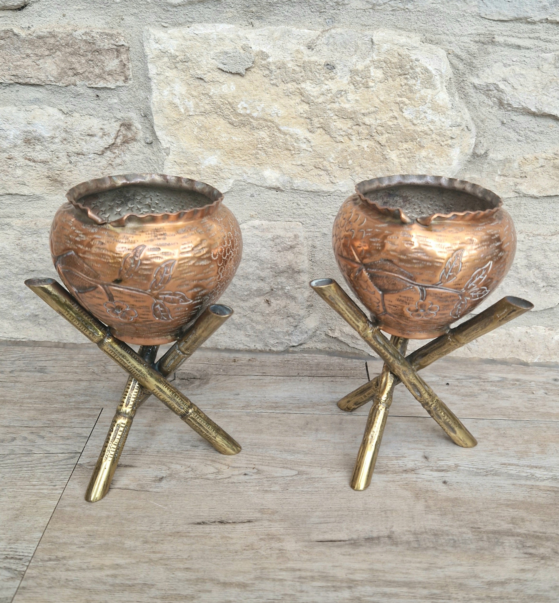 Pair of Antique Japanese Aesthetic Movement Arts & Crafts Copper And Brass Faux Bois Jardinieres