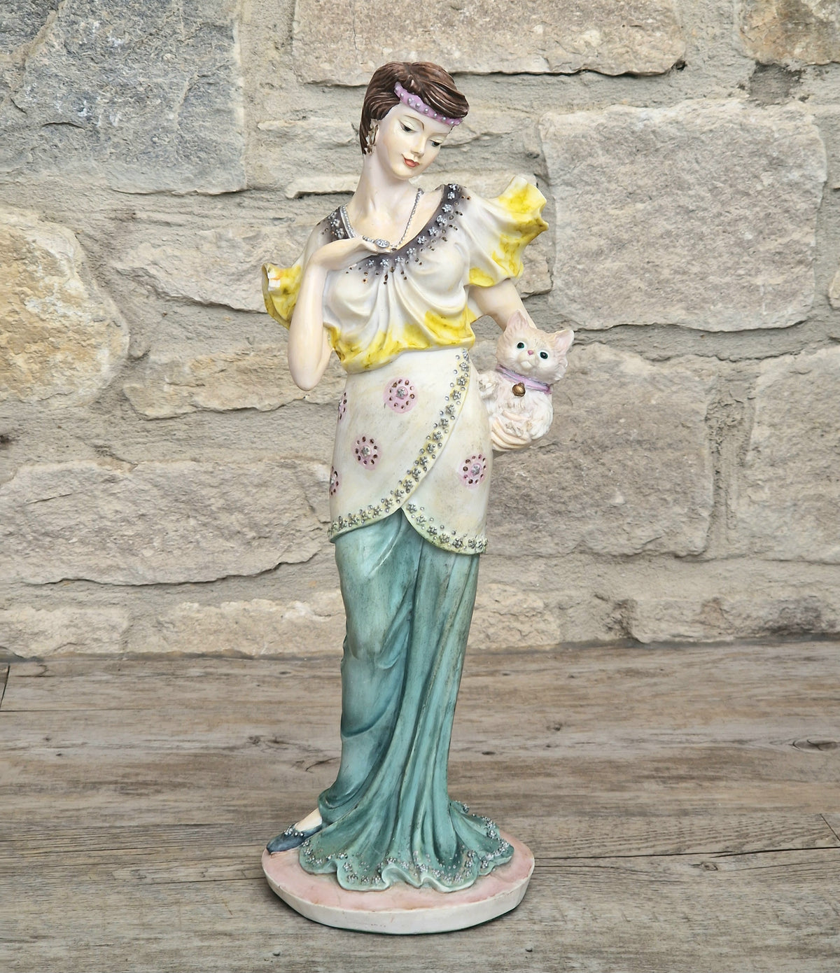 Vintage 14” Art Deco Style Resin Lady Figurine with Cat, Elegance Statue Angelica Collection, 1.46kg Heavy Mantle Sculpture 36cm
