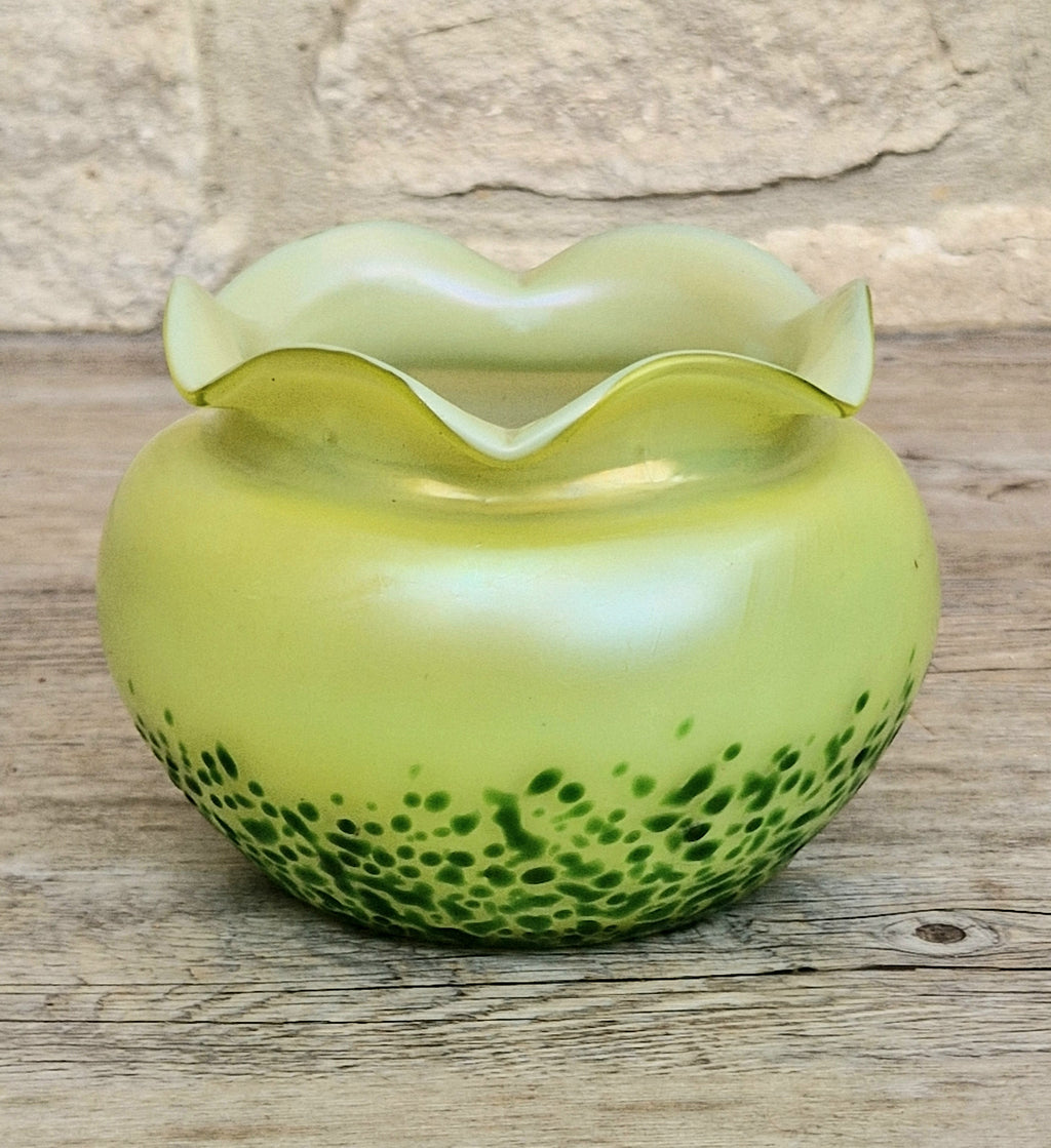 Antique Late 19th Century Bohemian Art Glass Vase, Loetz-Heckert Tradition, Iridescent Yellow Green, Rare Cabinet Vase