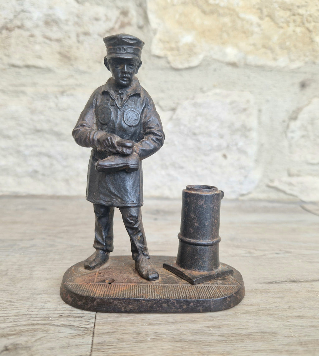 Rare Antique E.G. Zimmermann Hanau Cast Iron Shoeshine Boy Figural Table Match Holder & Striker