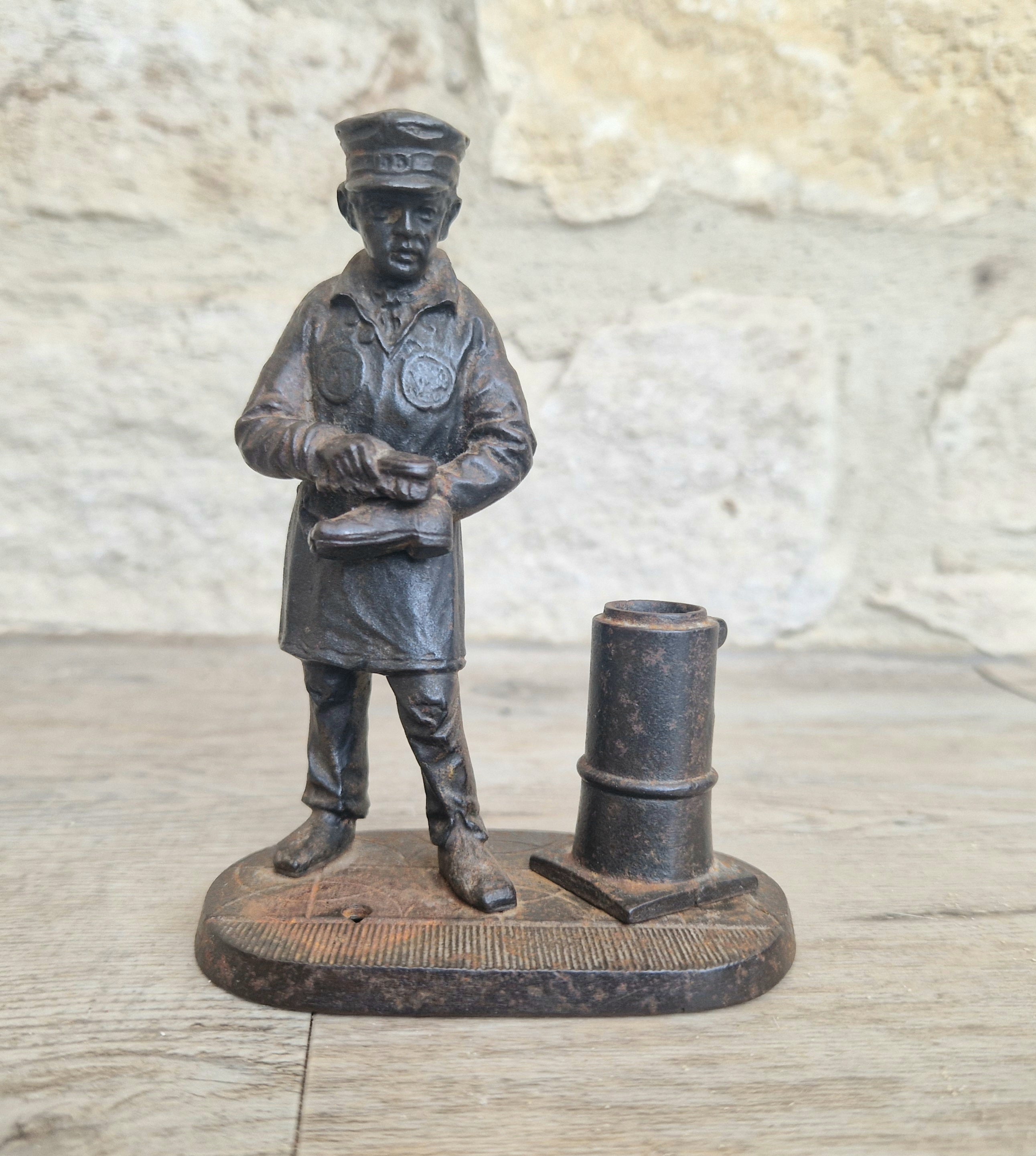 Rare Antique E.G. Zimmermann Hanau Cast Iron Shoeshine Boy Figural Table Match Holder & Striker