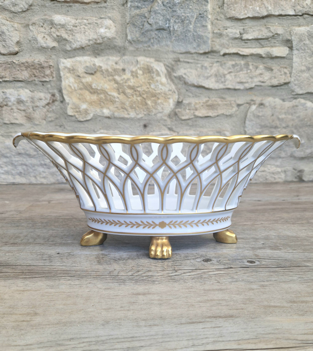 Large Vista Alegre Reticulated White & Gold Ceramic Basket Fruit Bowl Old Paris Style