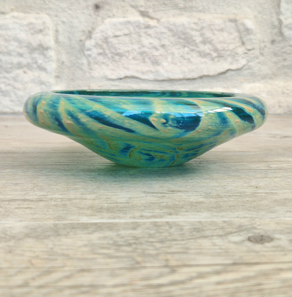 Mdina Glass Green Whirlpool Bowl Vintage 1970s Michael Harris Art Glass Malta