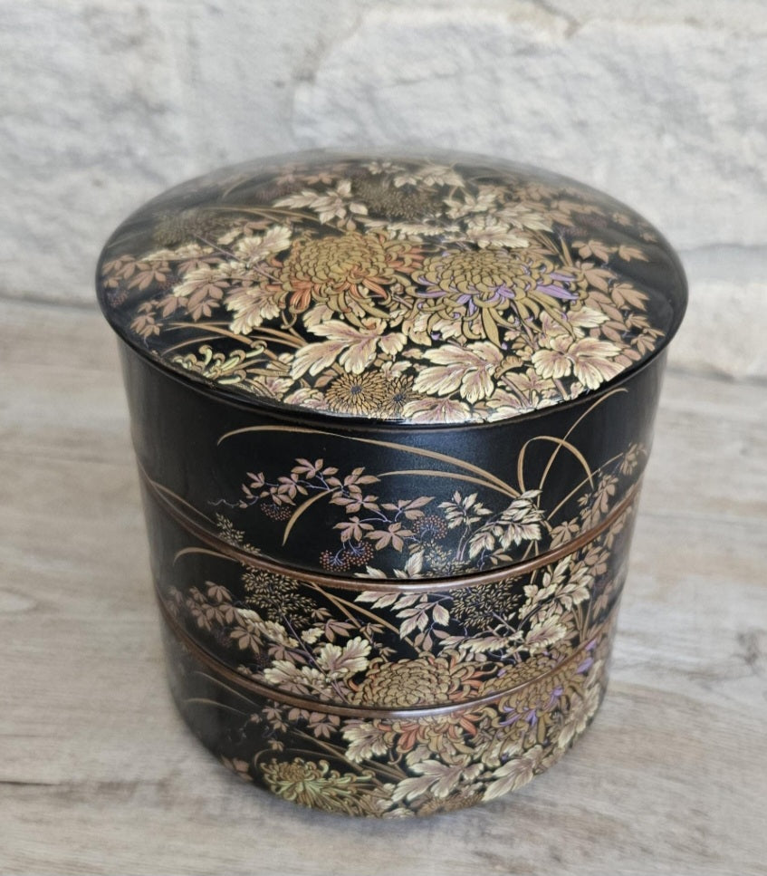 Japanese 3 Tiered Porcelain Lidded Box Butterfly Flowers Shibata Toki Vintage