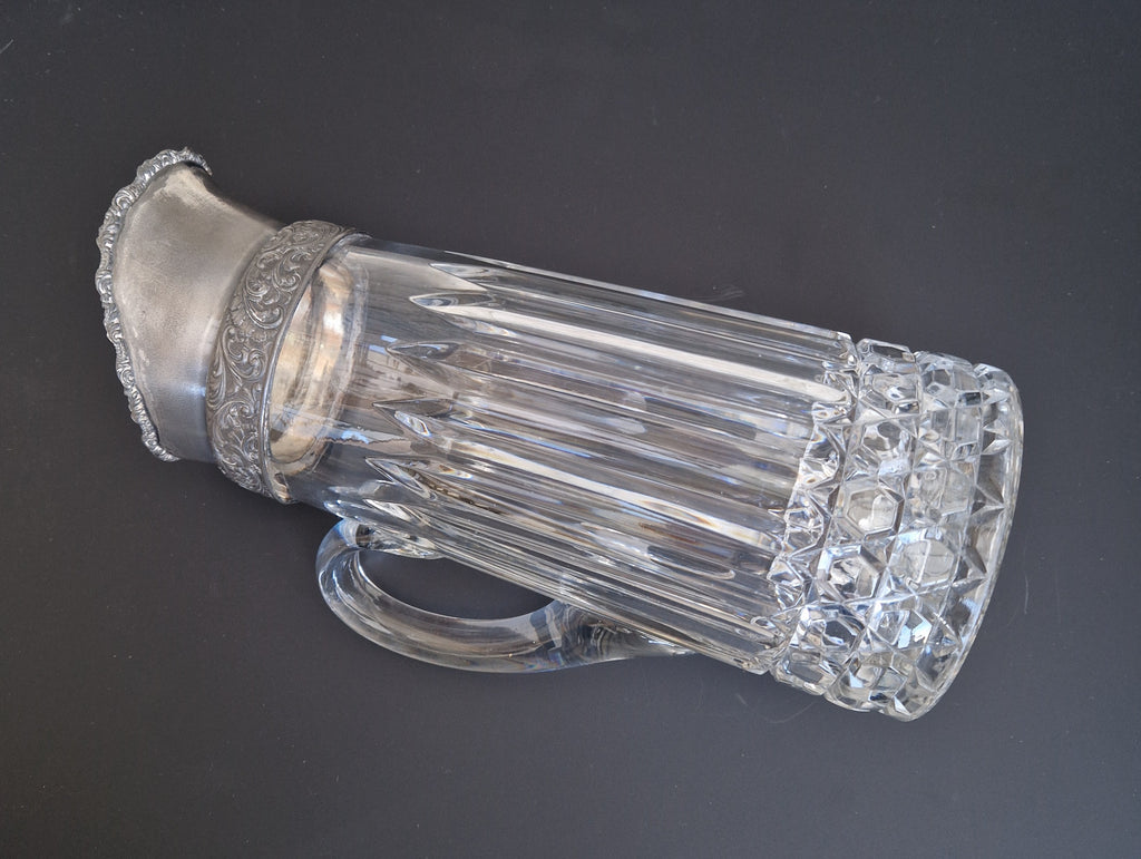 English Heavy Cut Glass & Pewter Water Pitcher Circa 1890 Antique Crystal