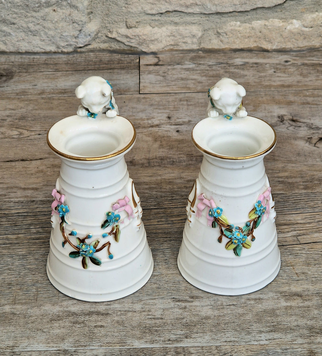 Antique Copeland Porcelain Cat Cream Churn Vases Pair Floral Applied Flowers Gilt 19th Century