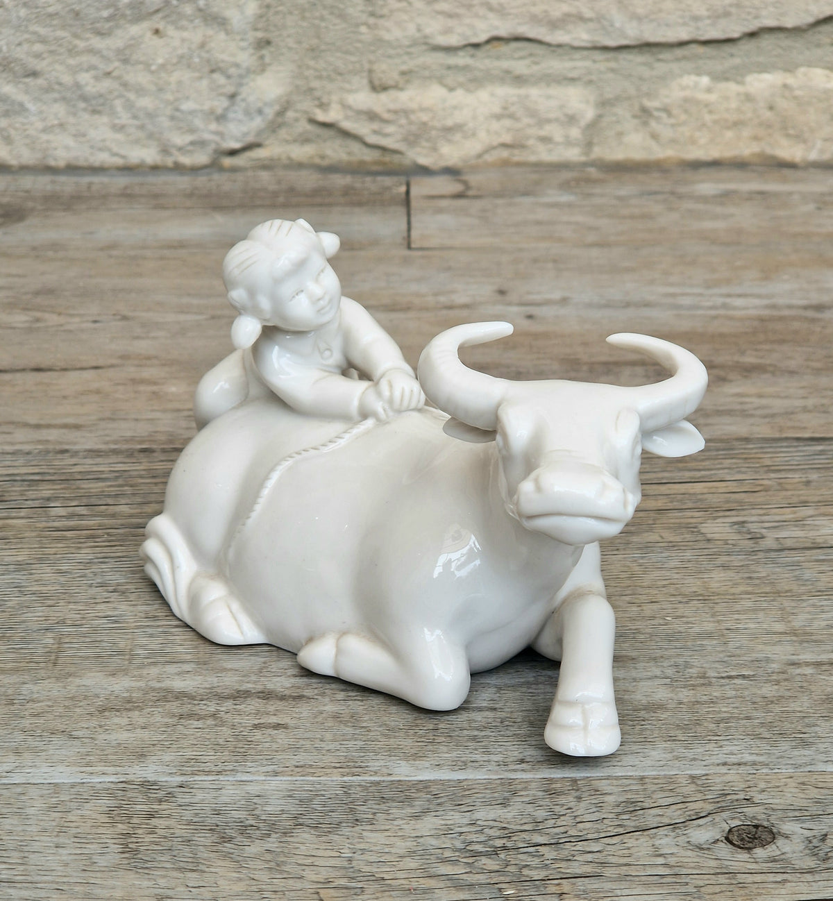Vintage Chinese Blanc De Chine Porcelain Figurine Girl Riding Water Buffalo Ox Ceramic Home Ornament