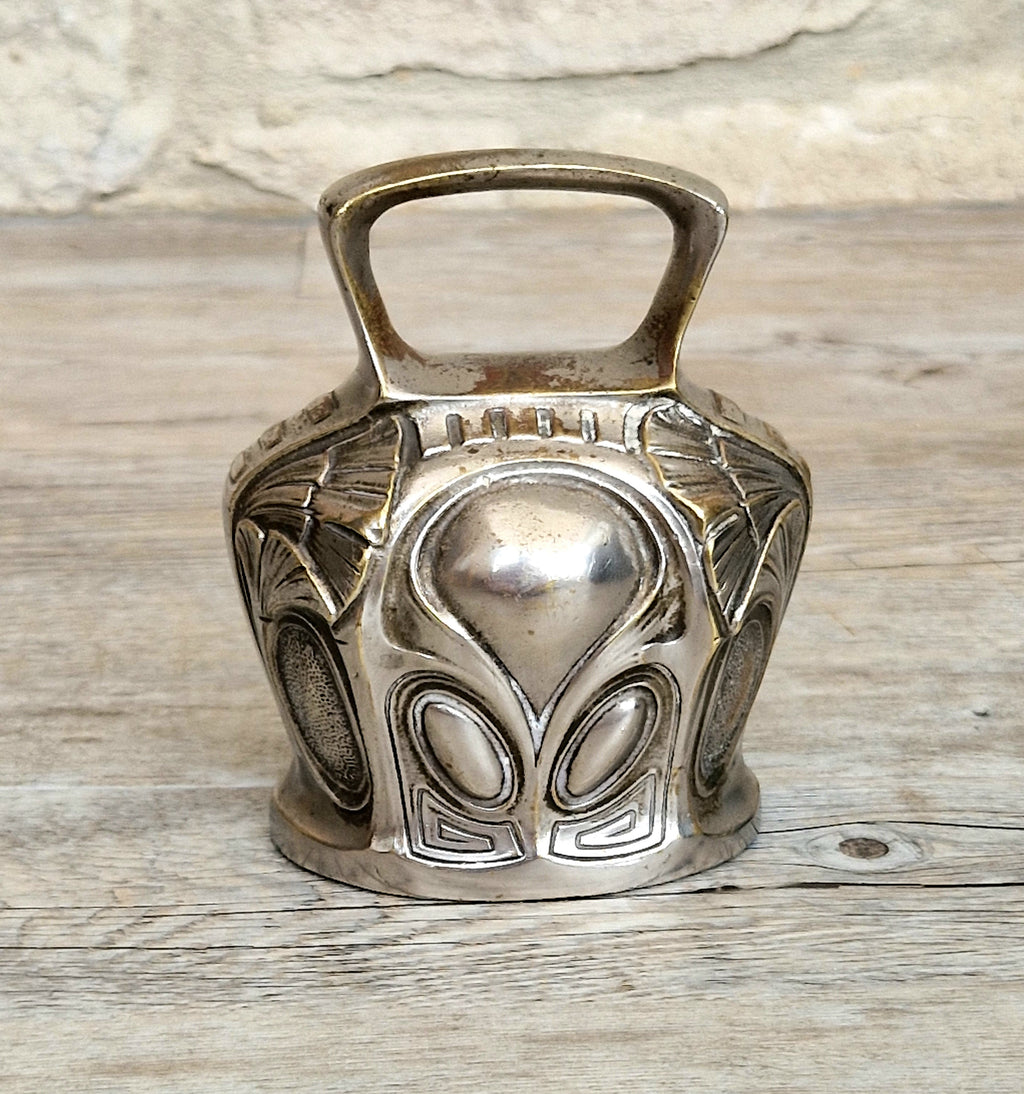 Antique Art Nouveau Silvered Bronze Large Ornate Decorated Table Bell