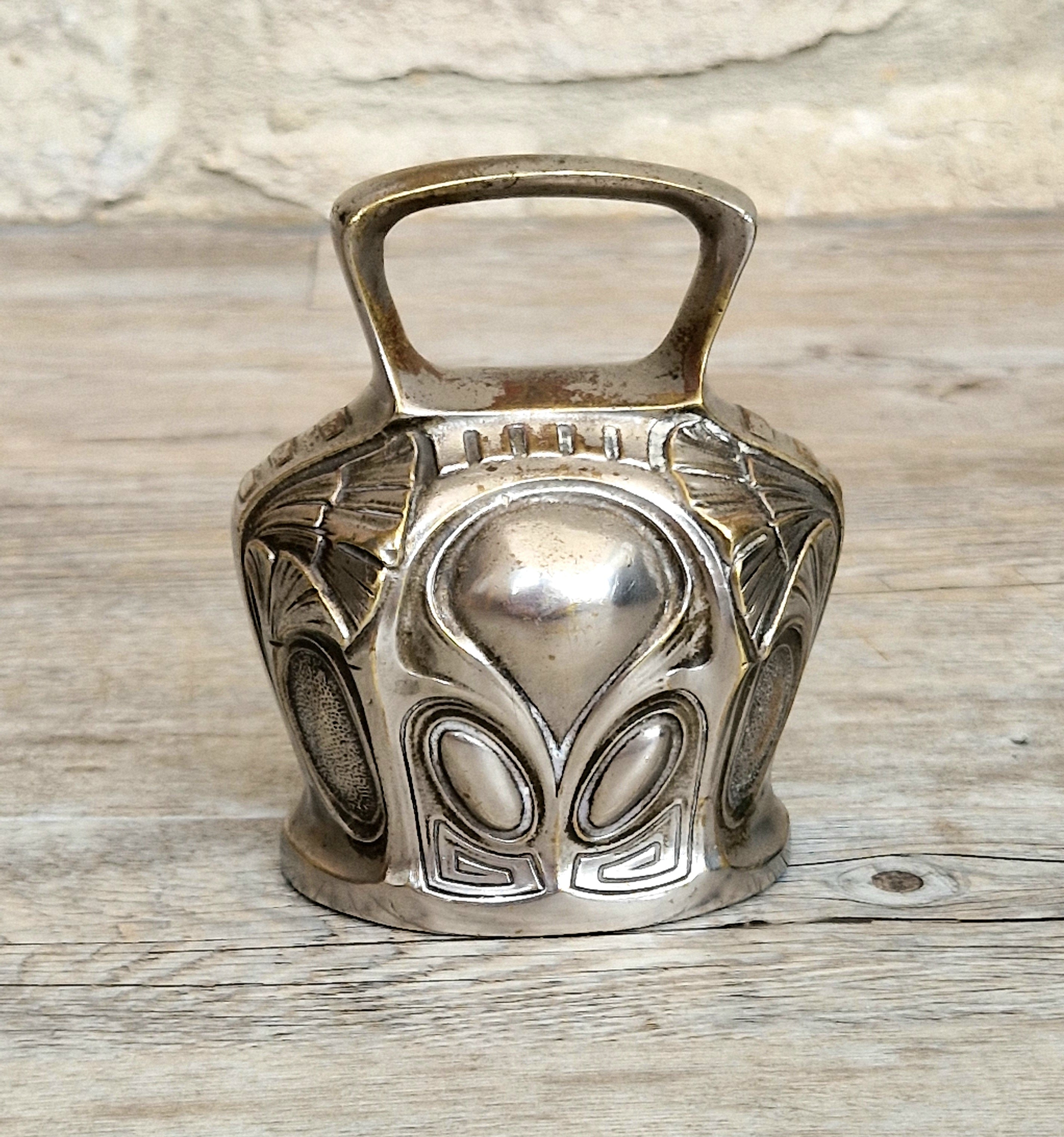 Antique Art Nouveau Silvered Bronze Large Ornate Decorated Table Bell