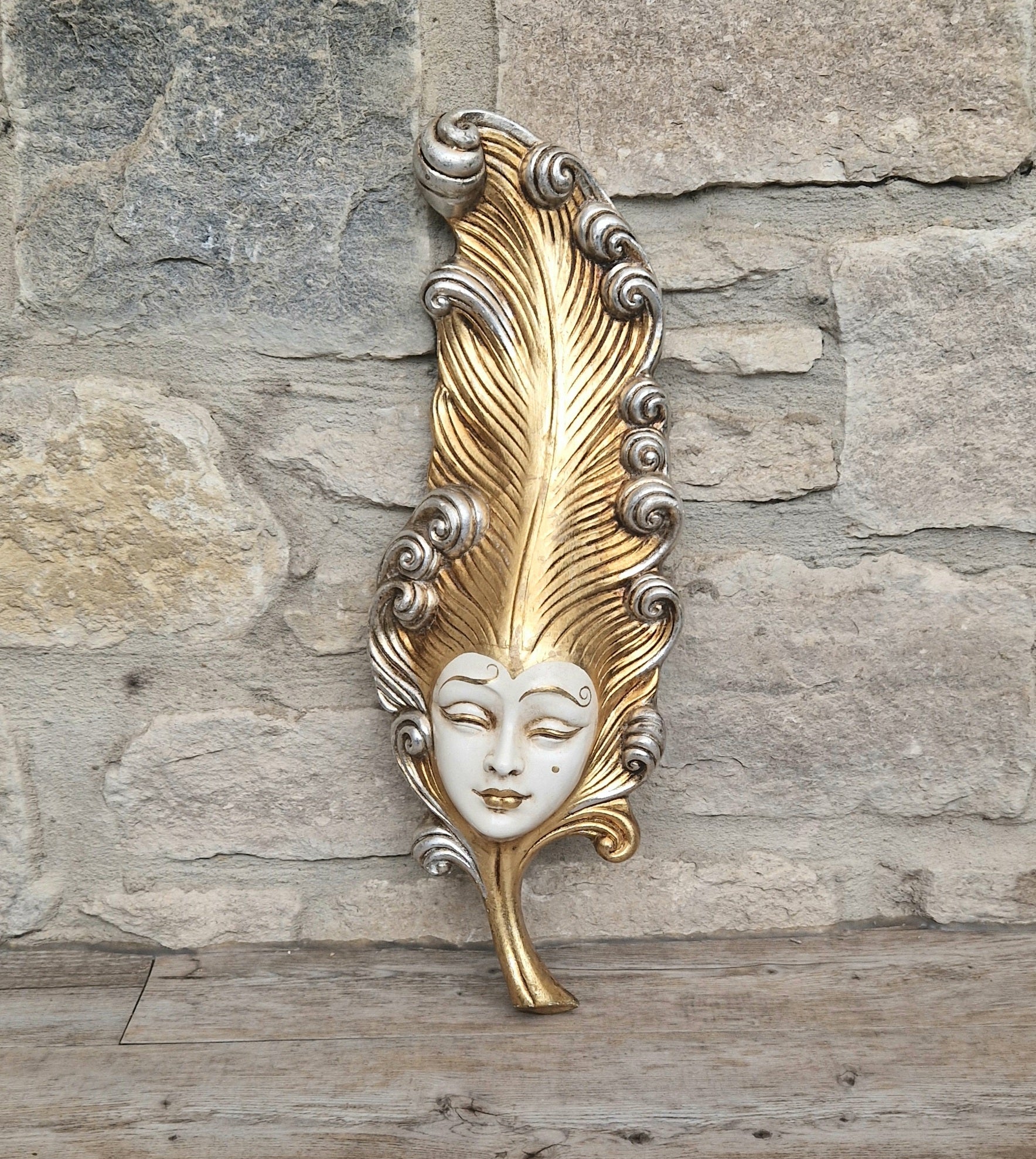 Vintage Venetian Wall Mask Feather Leaf Ceramic Gold Silver Made Italy 38cm Long