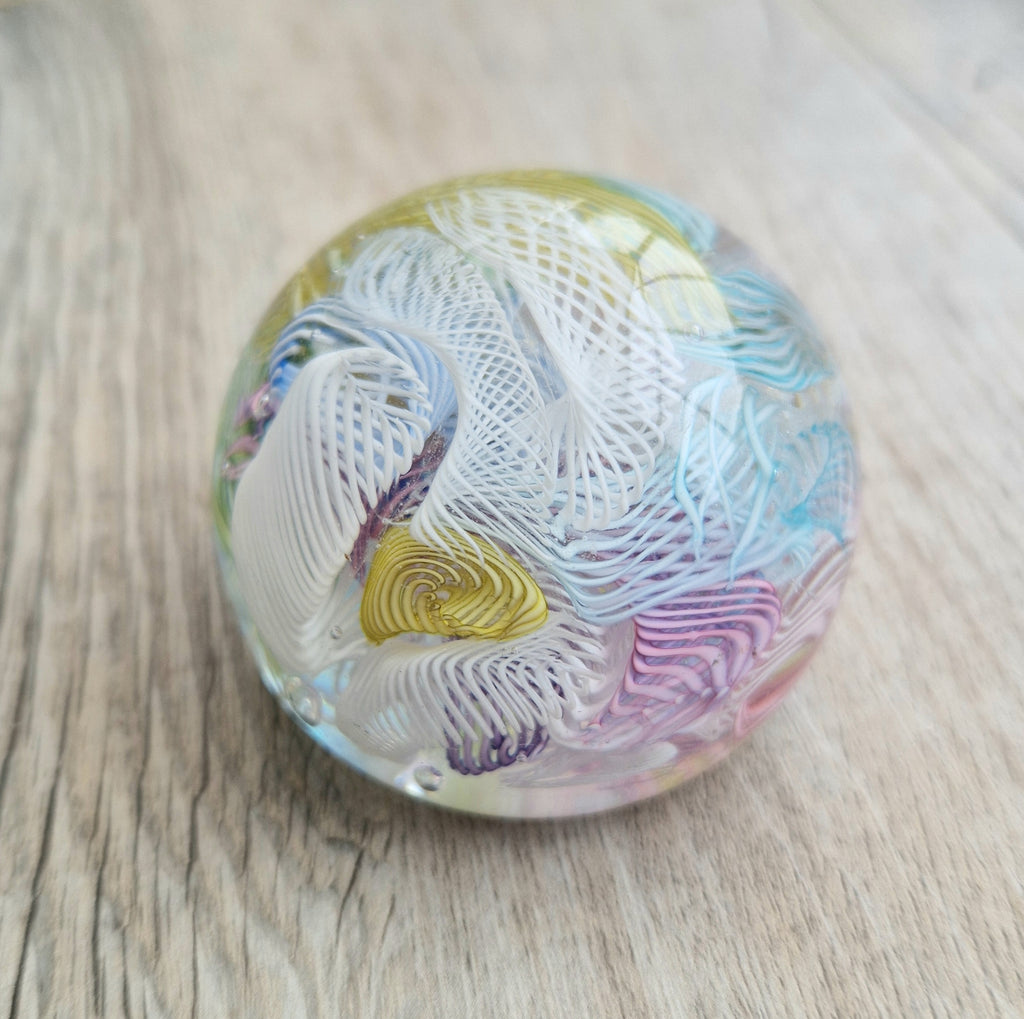 Vintage Murano Art Glass Paperweight with Scrambled Latticino & Zanfirico Canes