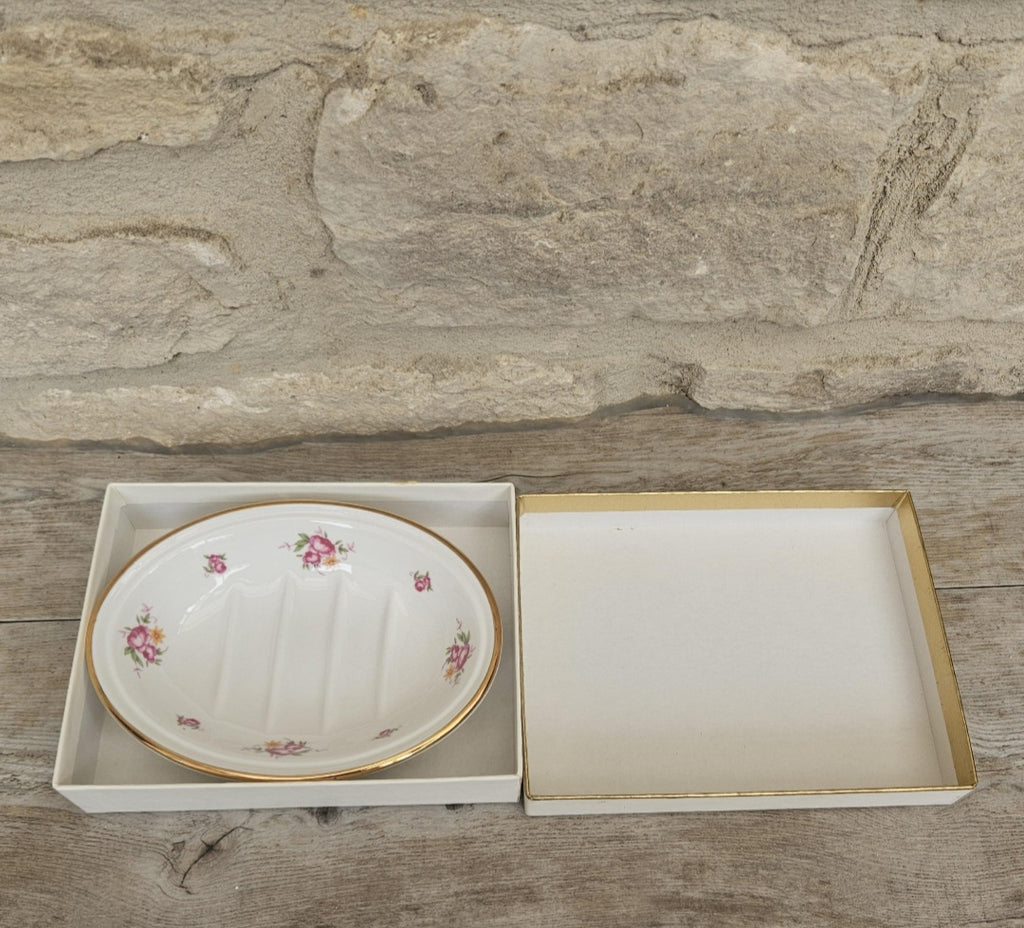 Vintage 1980s Laura Ashley Pretty Oval Floral Soap Dish Unused in Box Made in England
