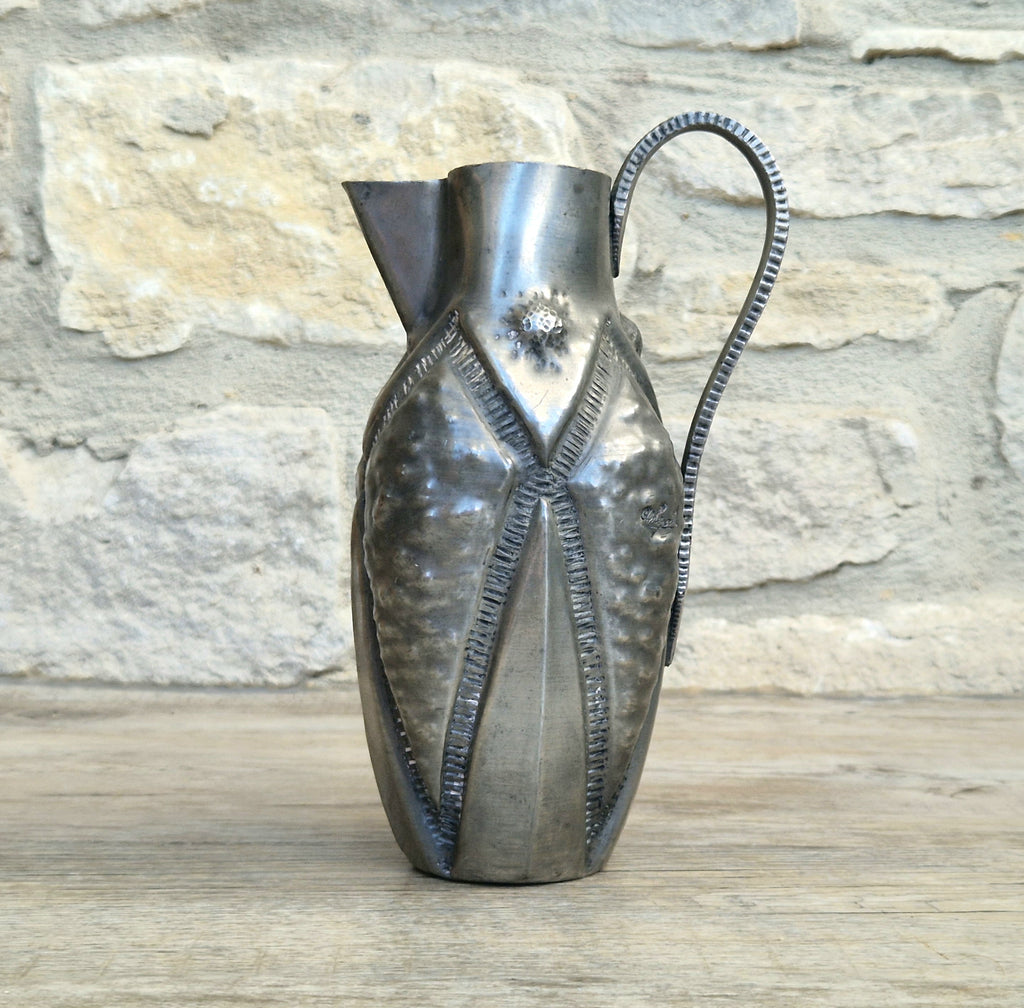 Antique French Art Deco Pewter Pitcher by Alice and Eugene Chanal Hand Hammered Jug Signed