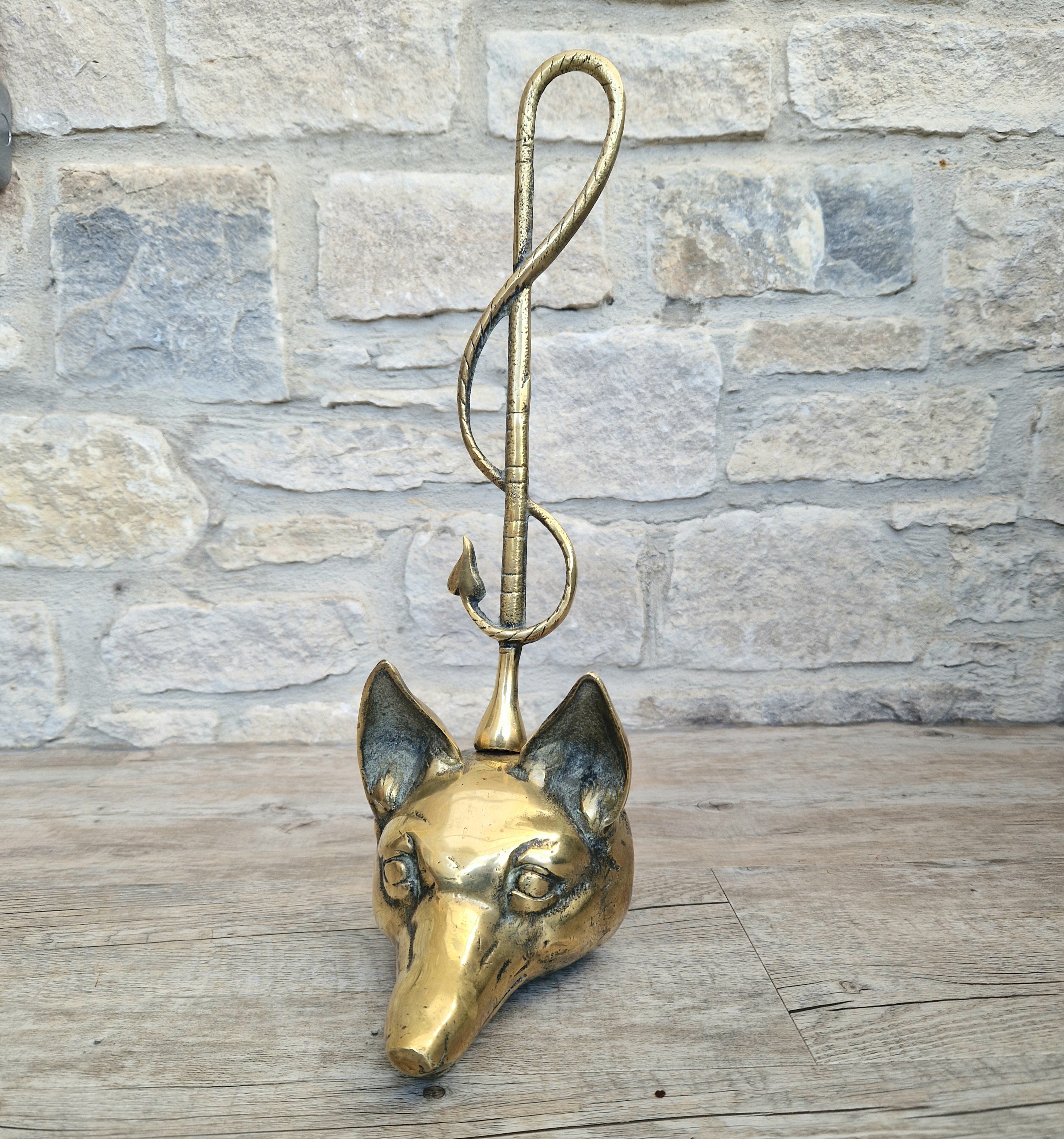Antique Cast Brass Fox Head Door Porter Door Stop 19th C.