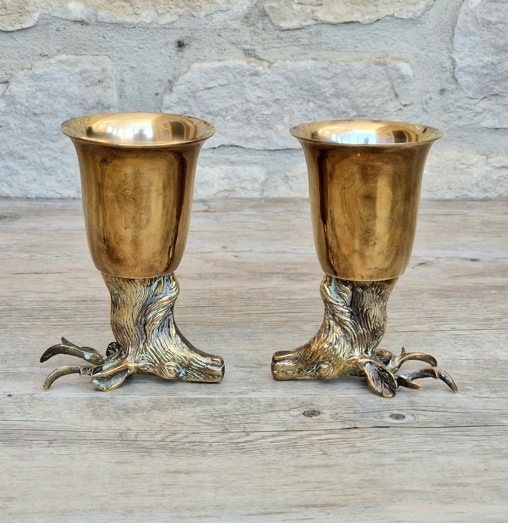Pair Vintage Brass Stag Stirrup Cups Silver Plated Interiors Naturally Patinated Hunting Barware 1970s