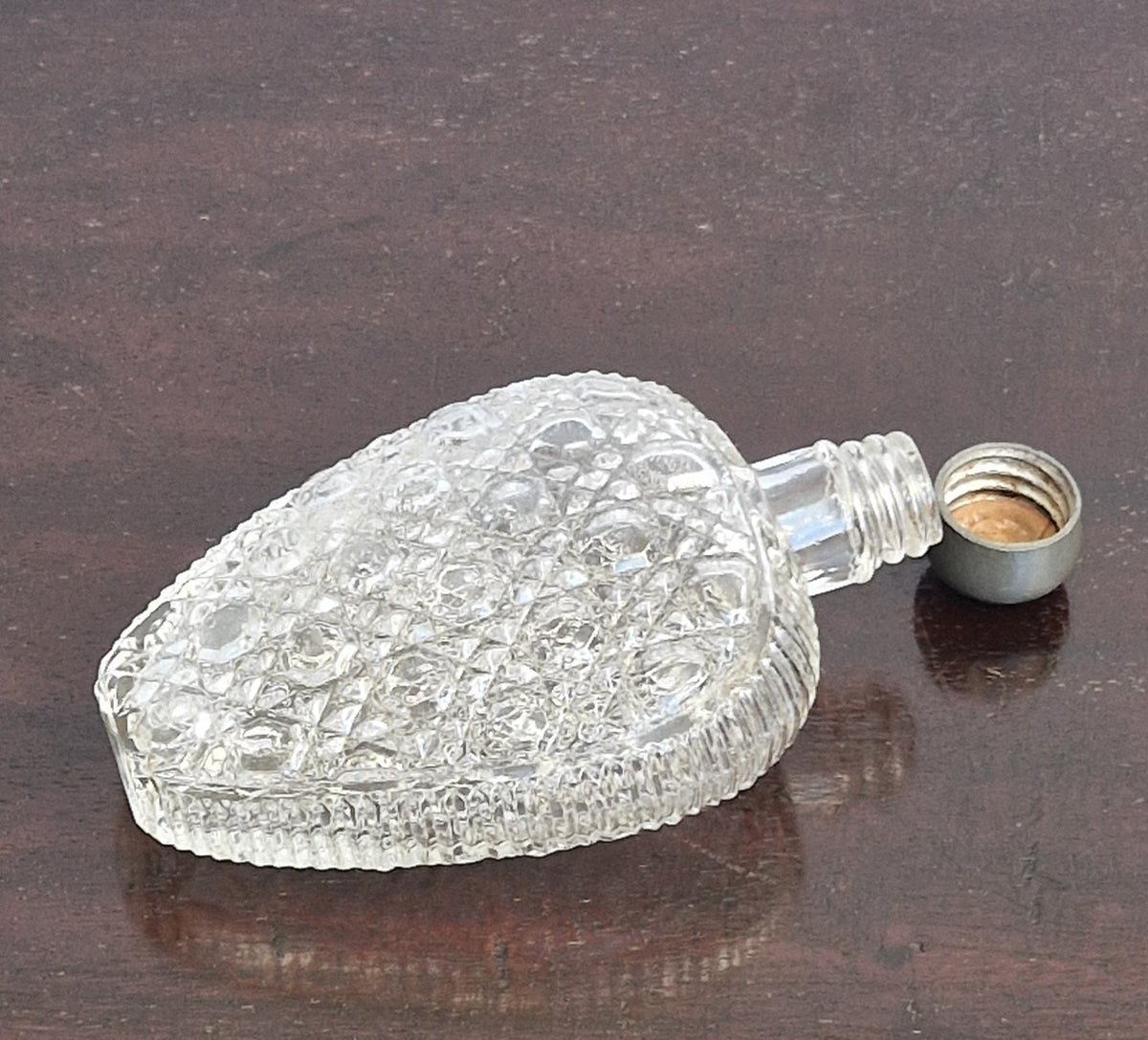 Antique Victorian Pressed Glass Heart Perfume Bottle Pocket Scent Flask Original Cap