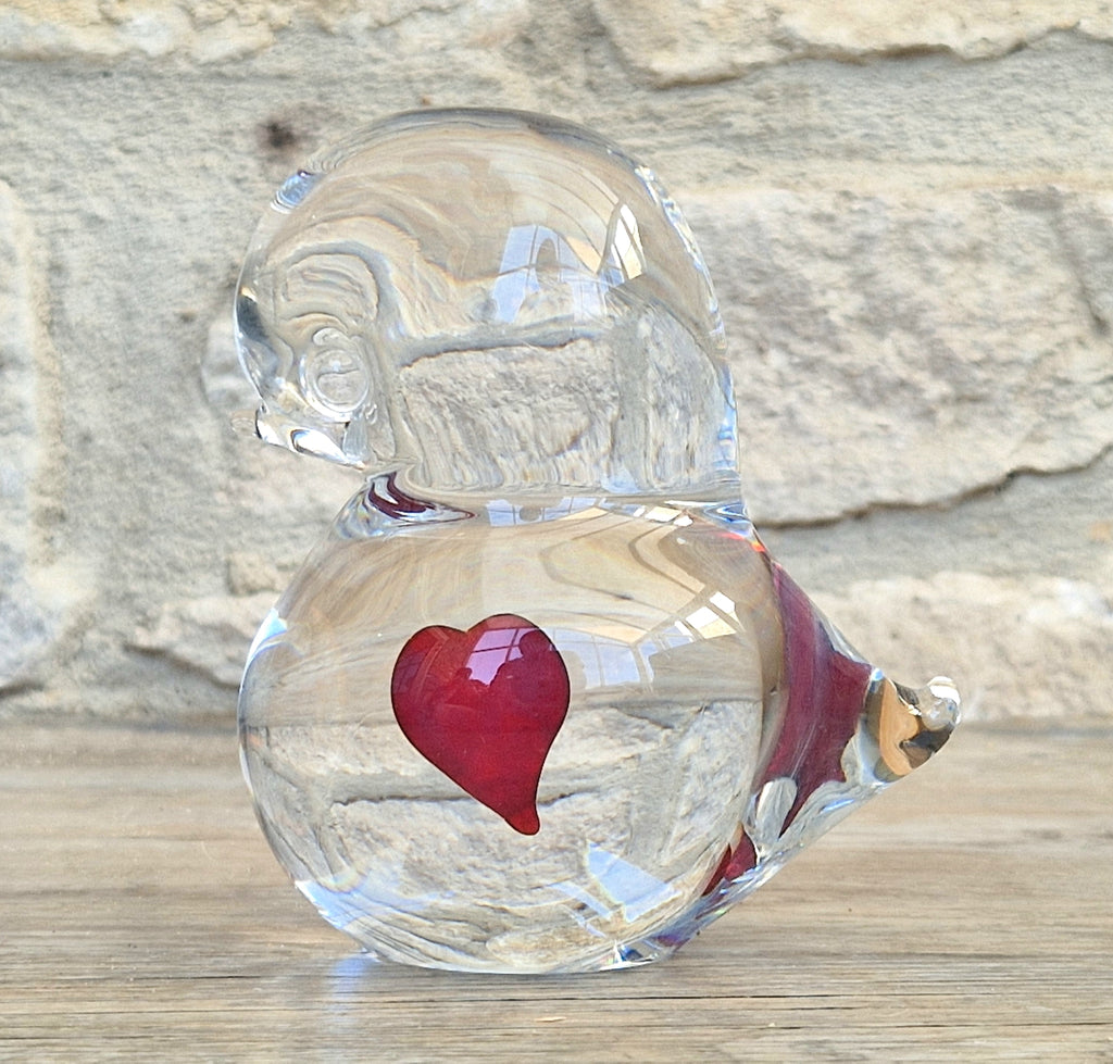 Art Glass Stylised Duckling Shaped Clear Glass With Embedded Red Heart Paperweight Ornament