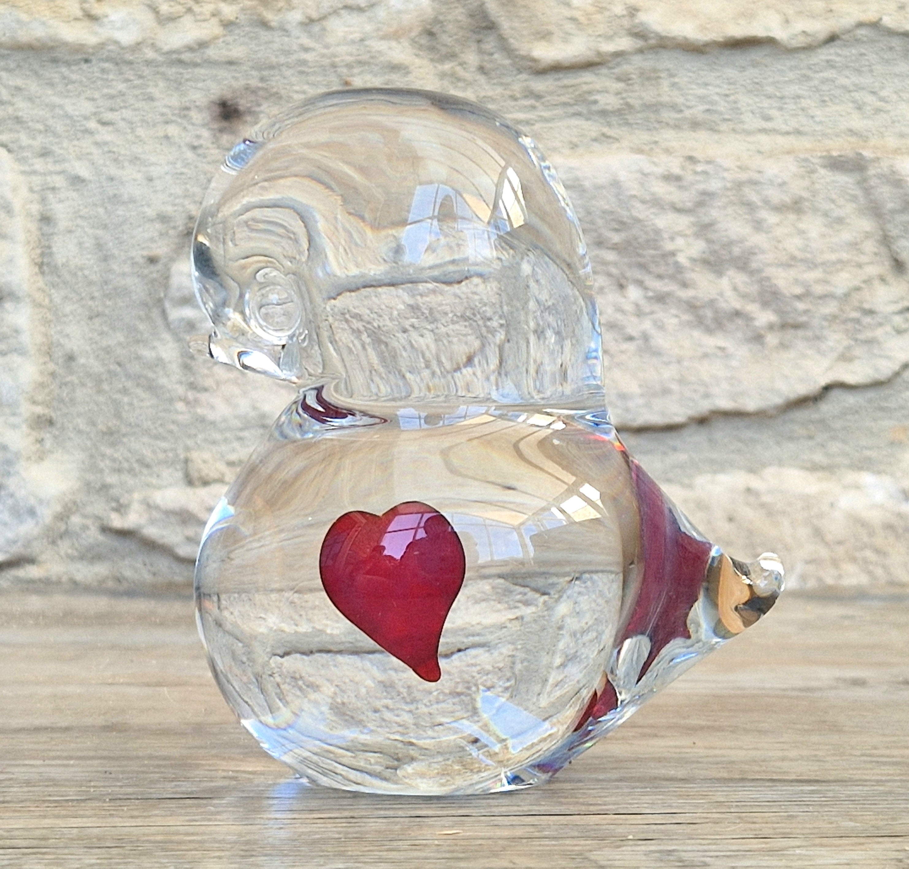 Art Glass Stylised Duckling Shaped Clear Glass With Embedded Red Heart Paperweight Ornament