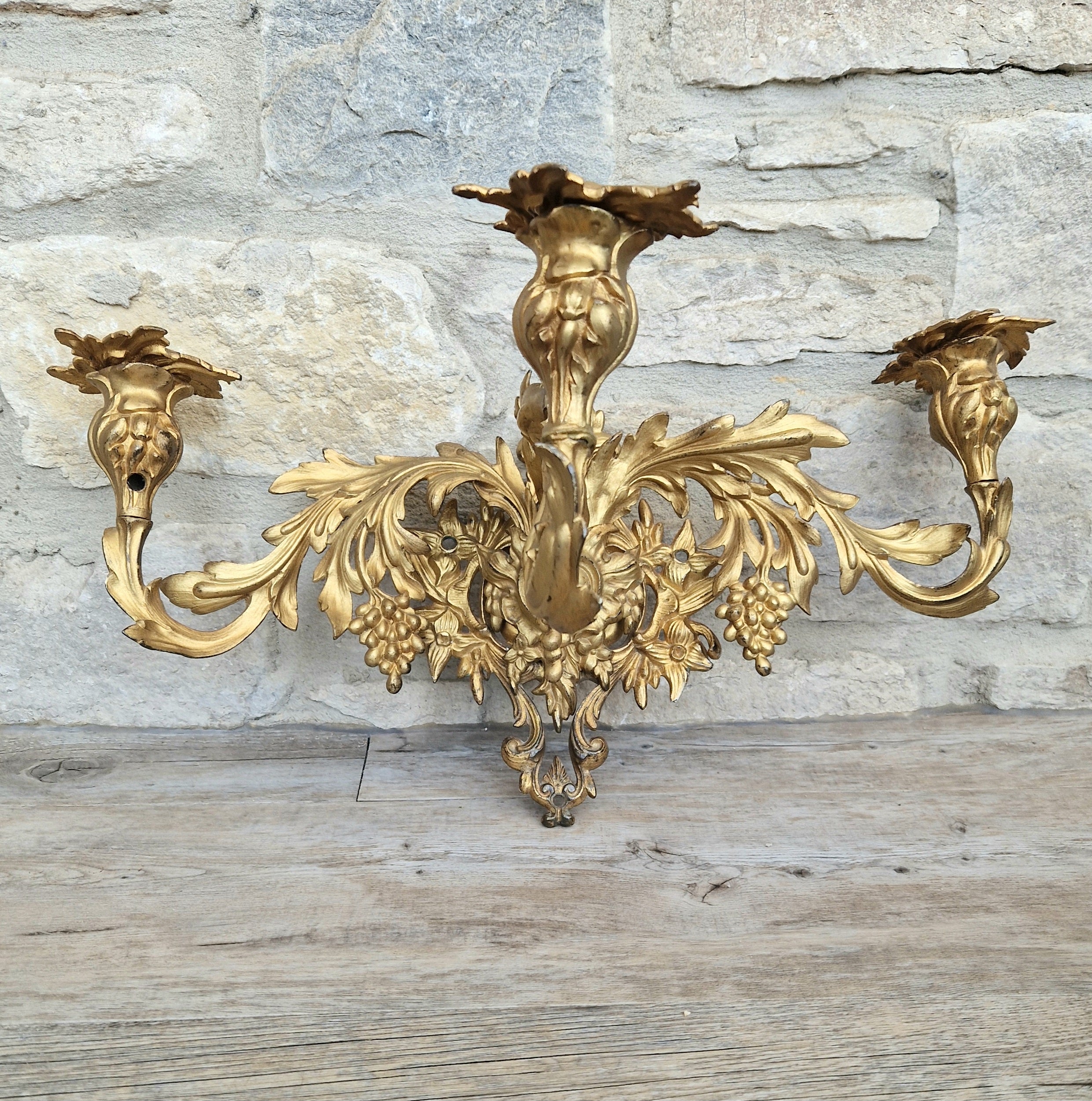 A Single French Louis XV Style Gilt Bronze 3 Branch Applique Sconce c.1900