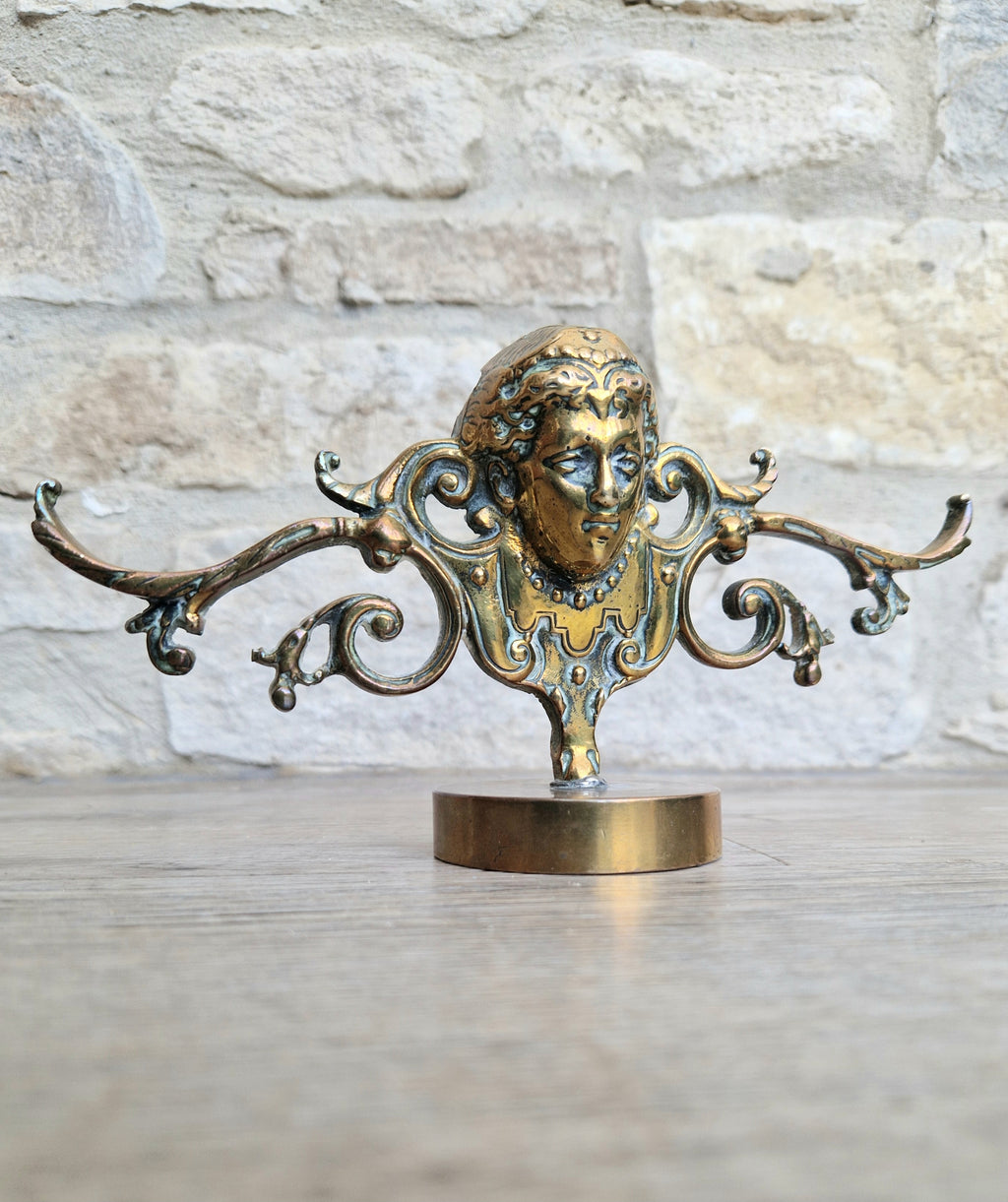 Brass Neo Classical Female Figural Pediment Mounted On Heavy Antique Paperweight