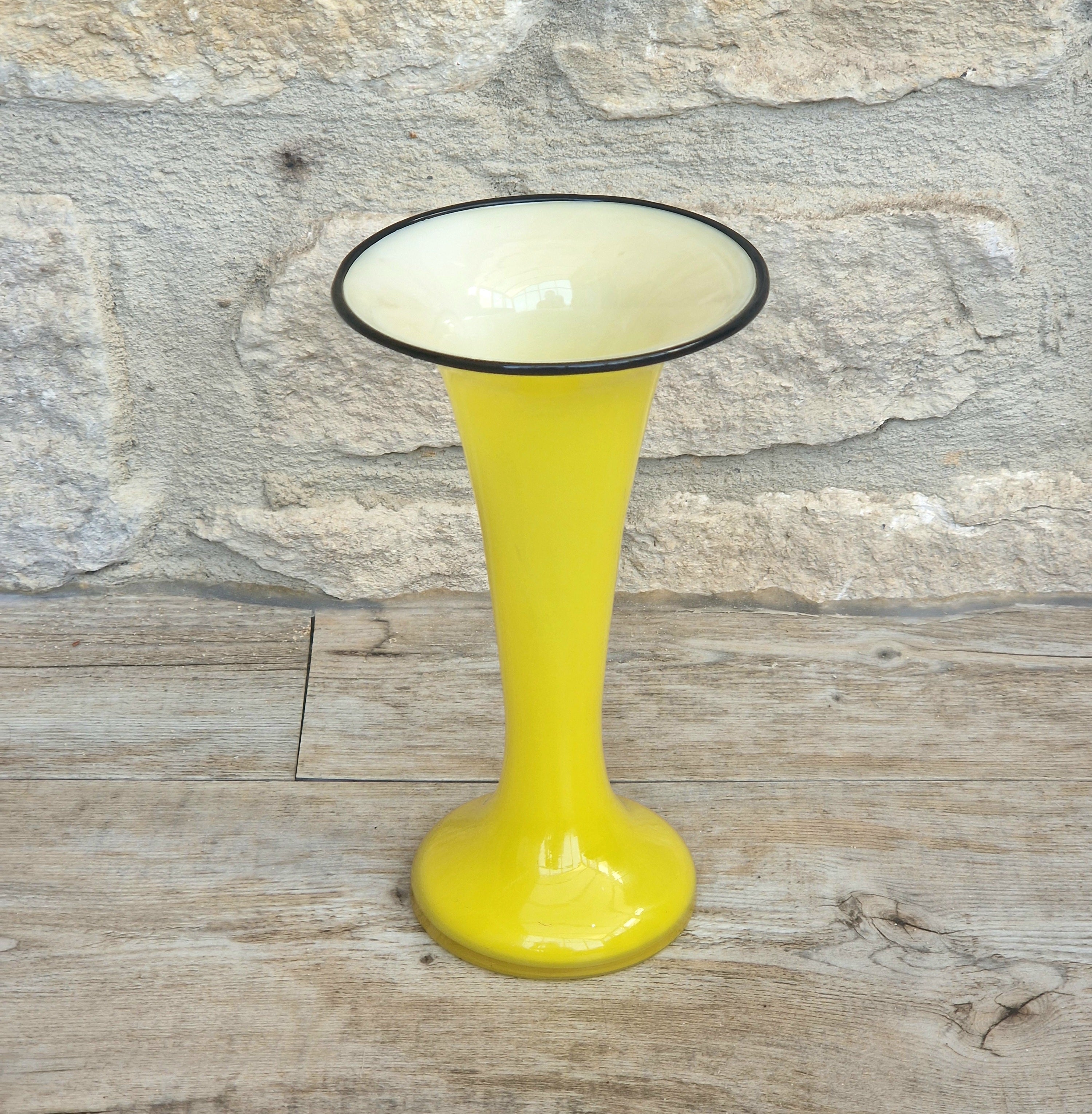 Vintage Bright Yellow Tango Glass Trumpet Vase with Black Rim 16cm